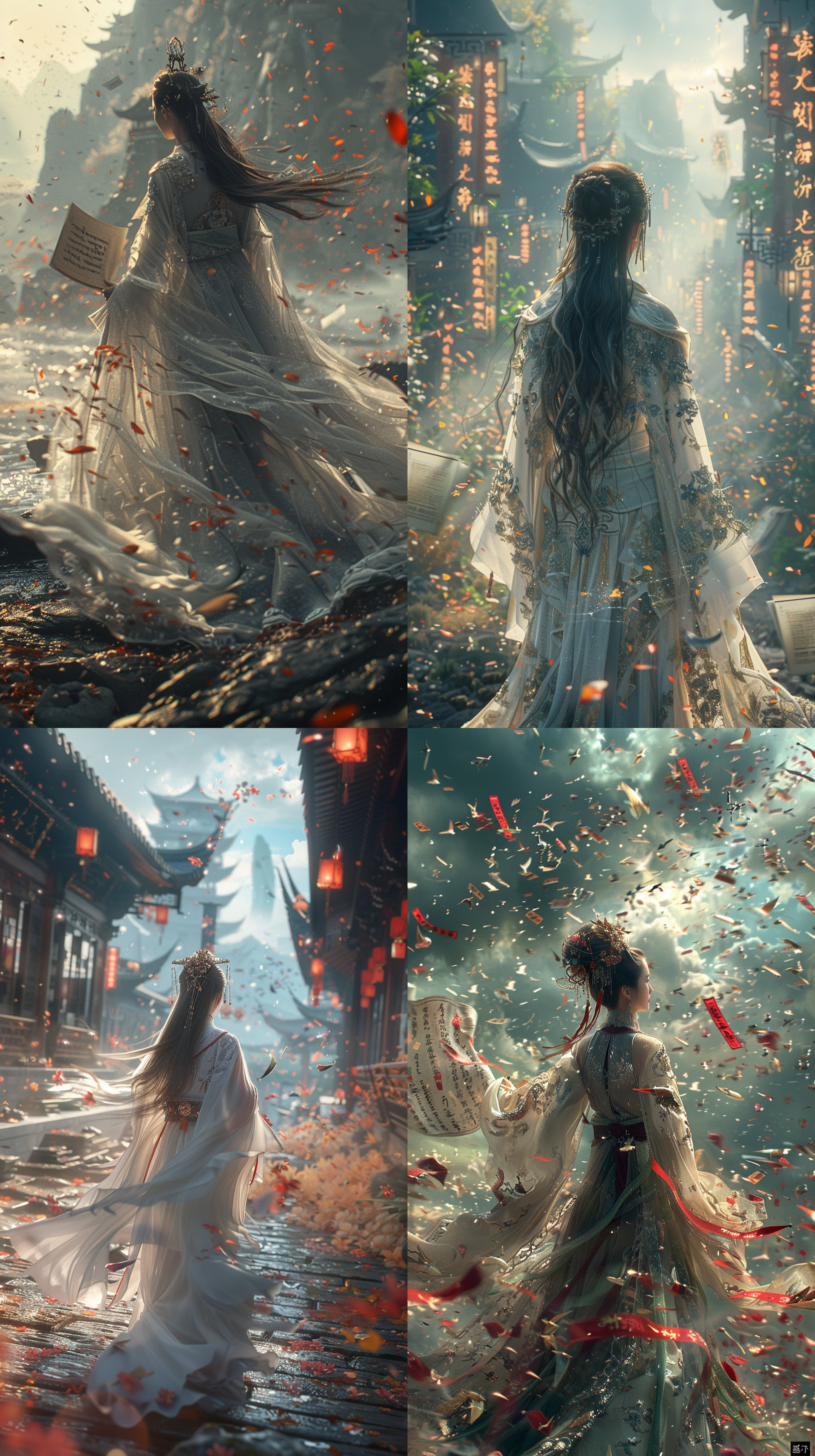 微型景观，古风汉服，舞动书页，旋转文字，空灵天空，卷轴漂浮，优雅飘动头发，文海中的优雅动作，数码艺术风格，柔和光影效果，梦幻氛围，高清画质，高分辨率，高质量，历史画，虚幻引擎，渲染，32k画质