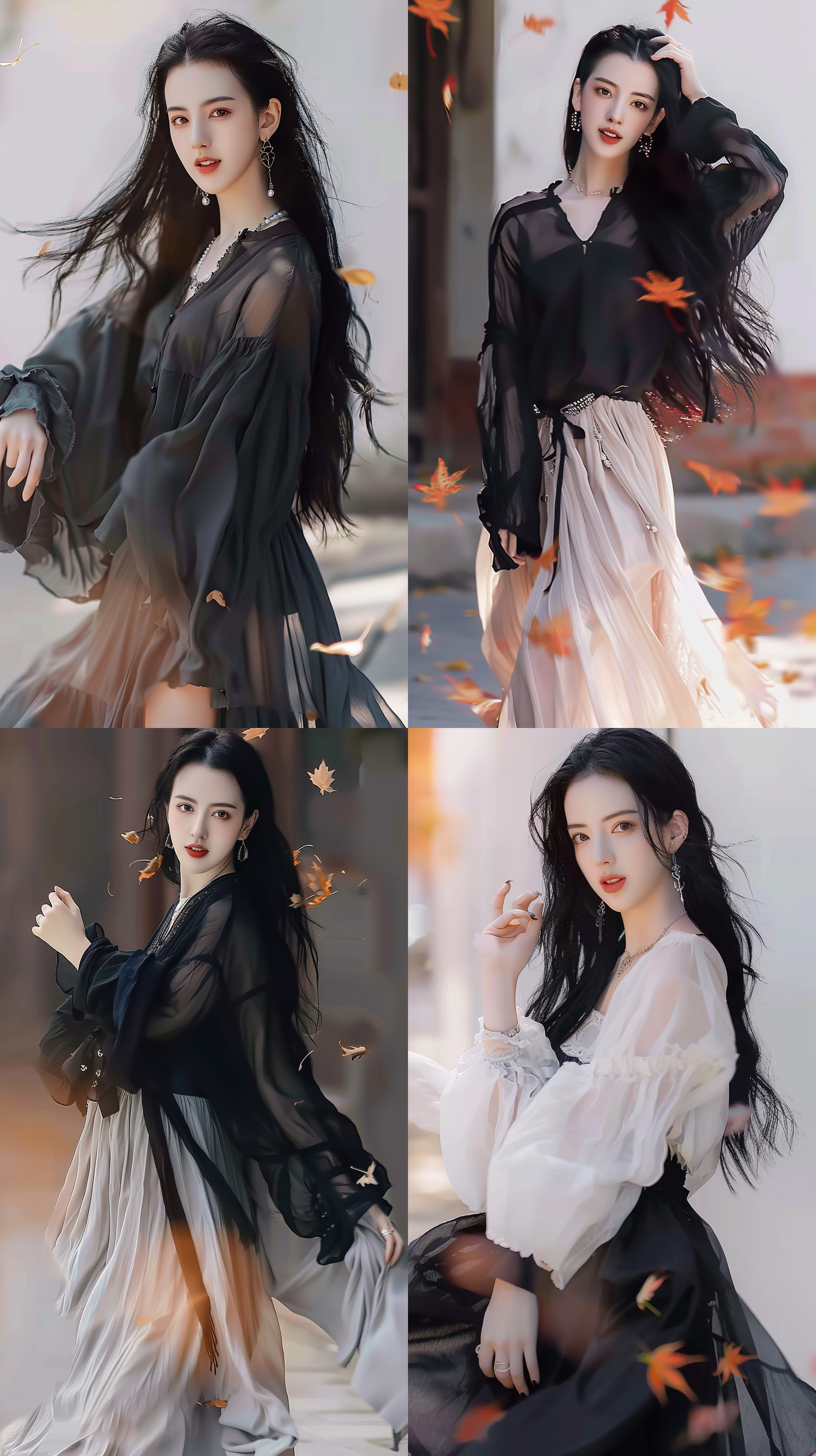 汉服美女，街头秋风落叶，传统环境，柔和色调，人像摄影，微笑，飘动长裙，自然光，抓拍，优雅, 4k。