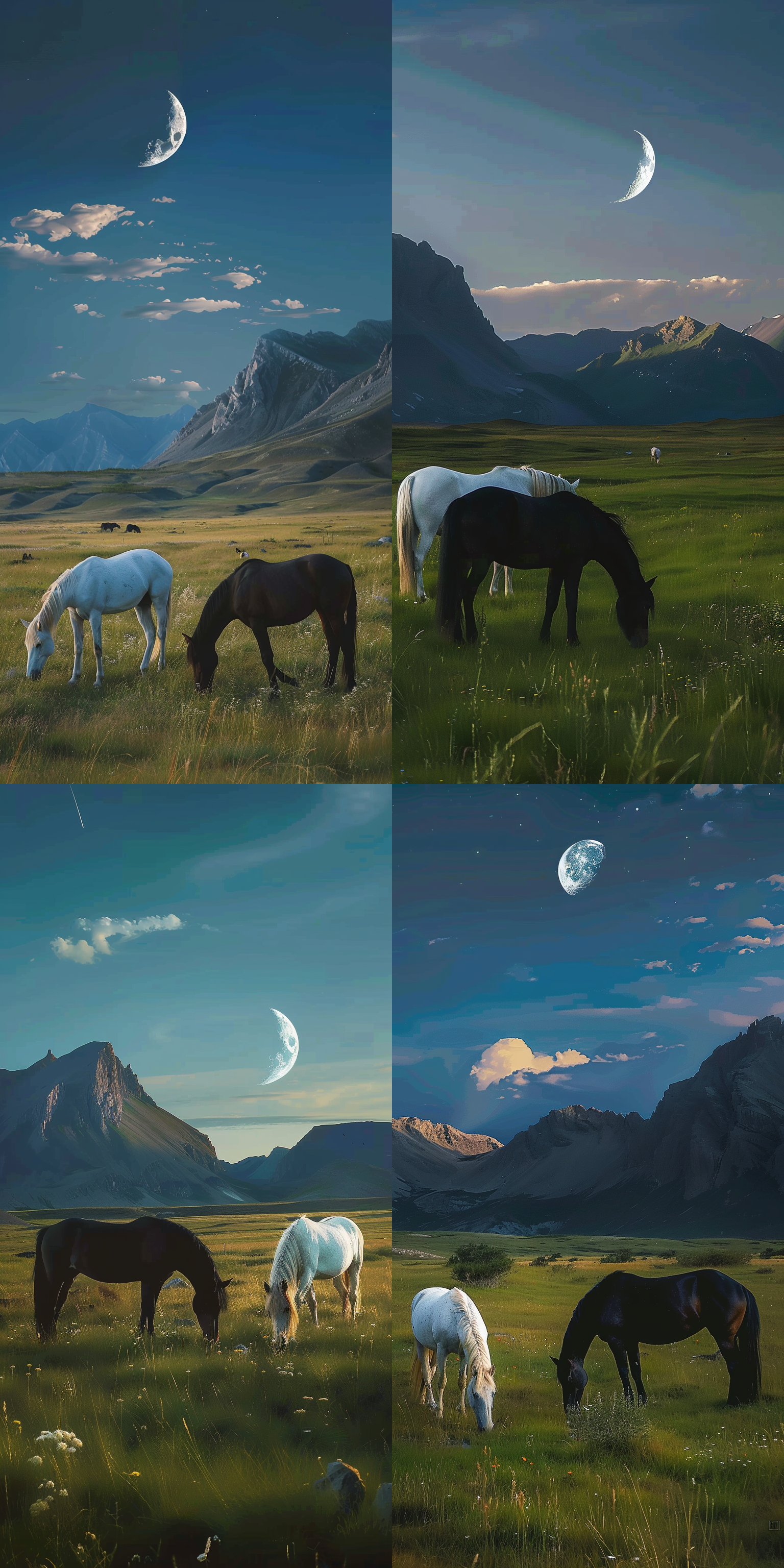 一匹黑马，一匹白马，在草地吃草，天空上有月亮，远处是高山，与图片一致