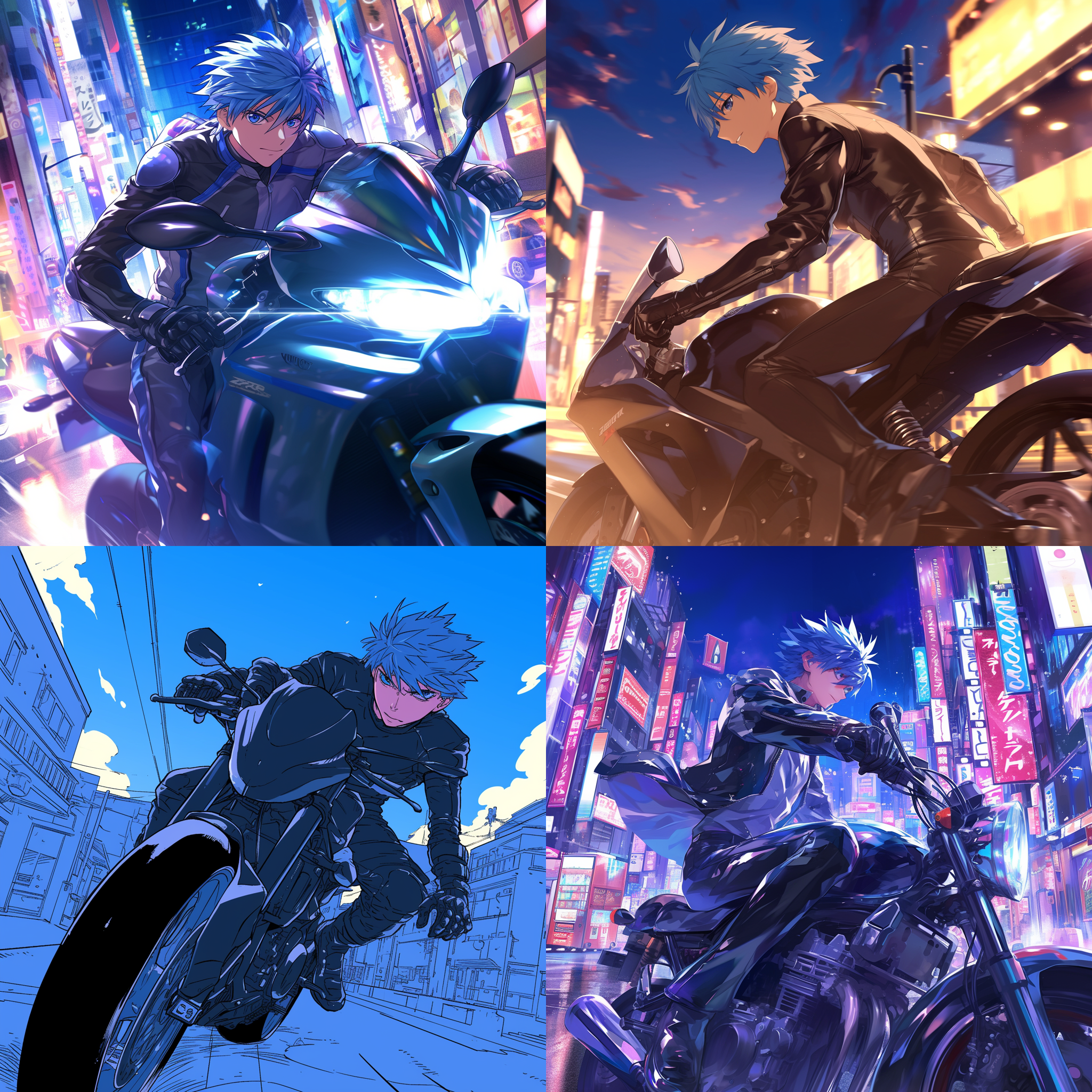 kuroko tetsuya在东京街上穿摩托紧身骑行服，衣服要长袖和连体，画风要忠于原版动漫的风格。