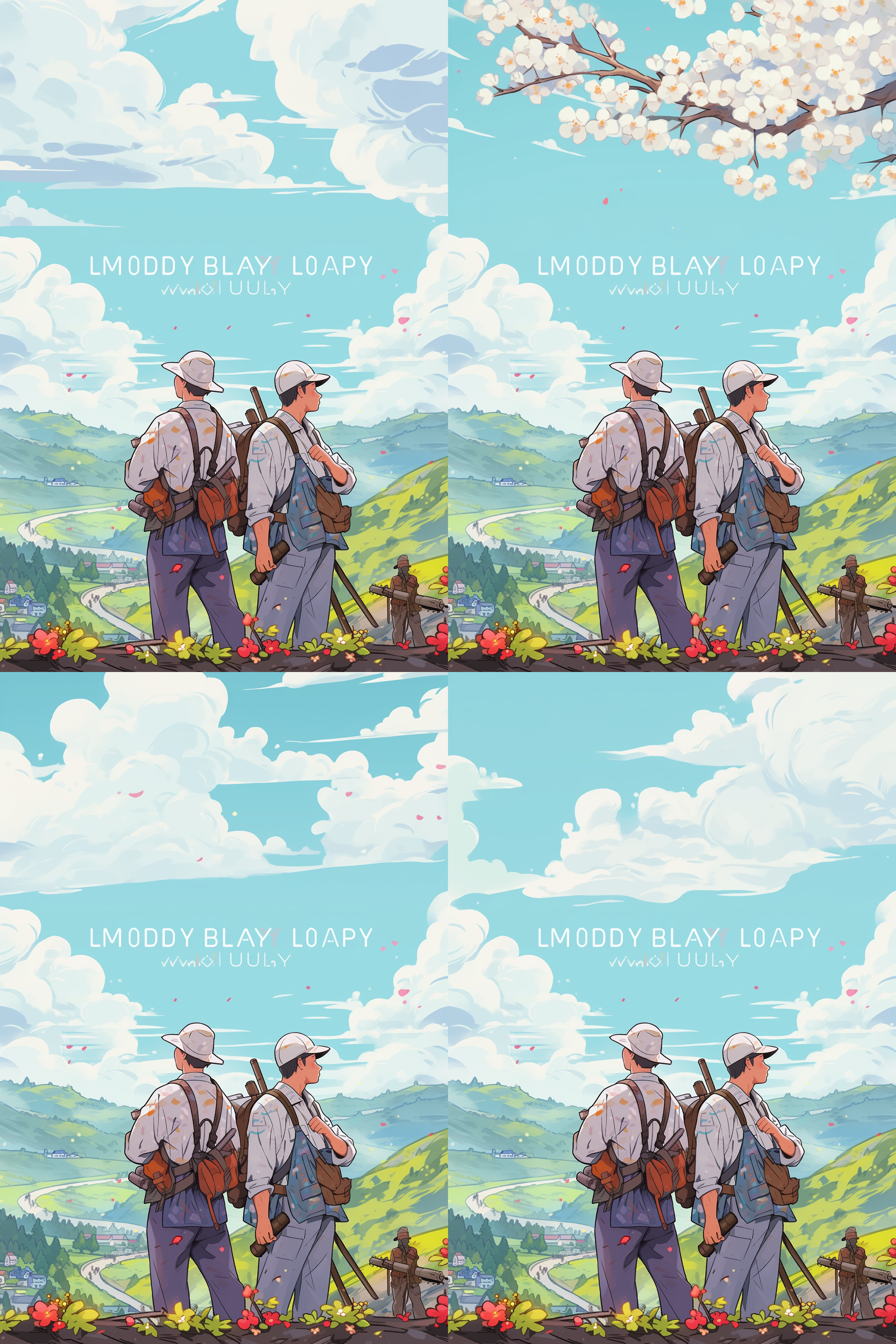 五一劳动节节日海报，有两个劳动人民并排 上半身 看着同一个地方，后面是祖国大好河山