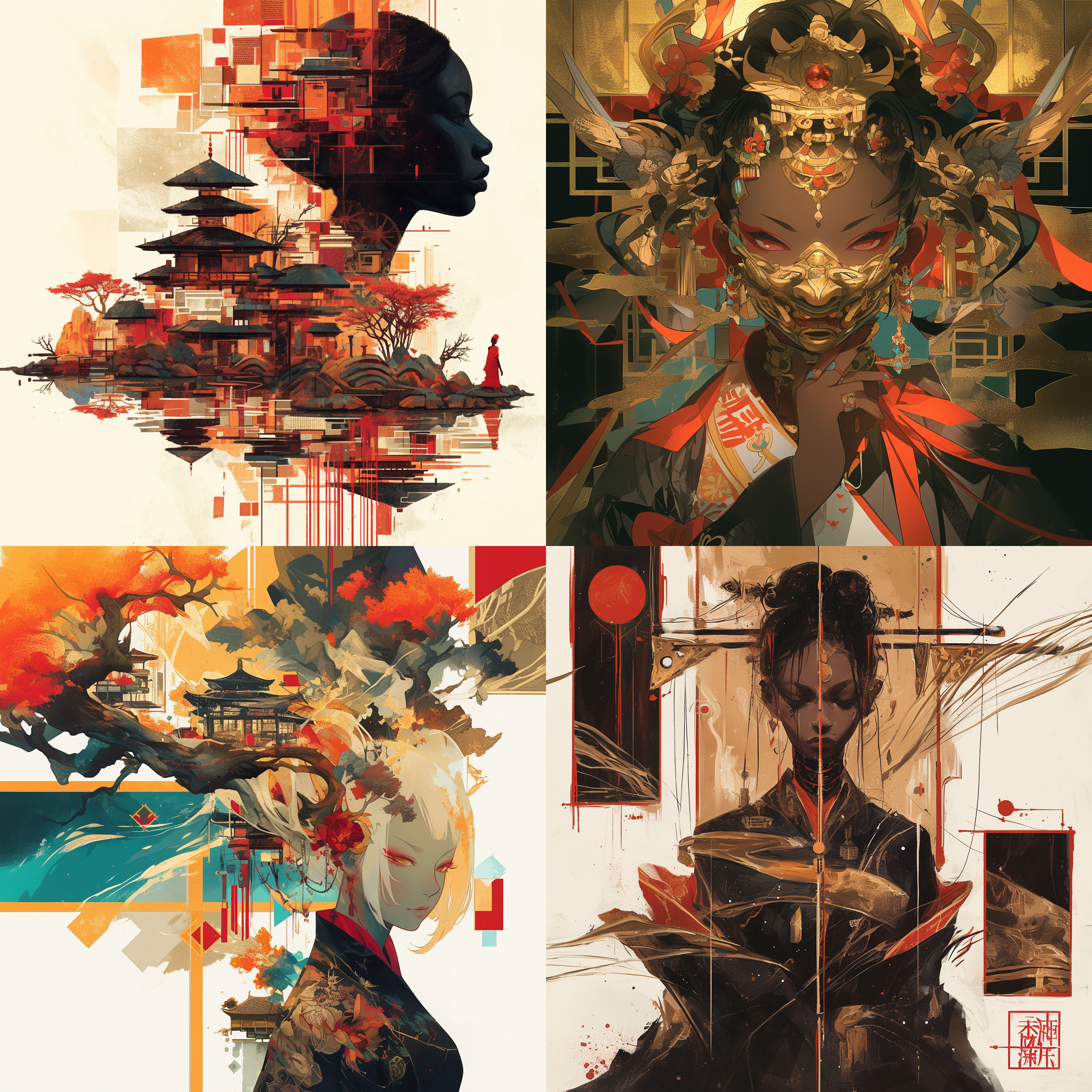 非洲文化风格上半部分，中国古风下半部分，分割构图，暗色调，环境光线，细节丰富，双重曝光，大地色调，神秘感。