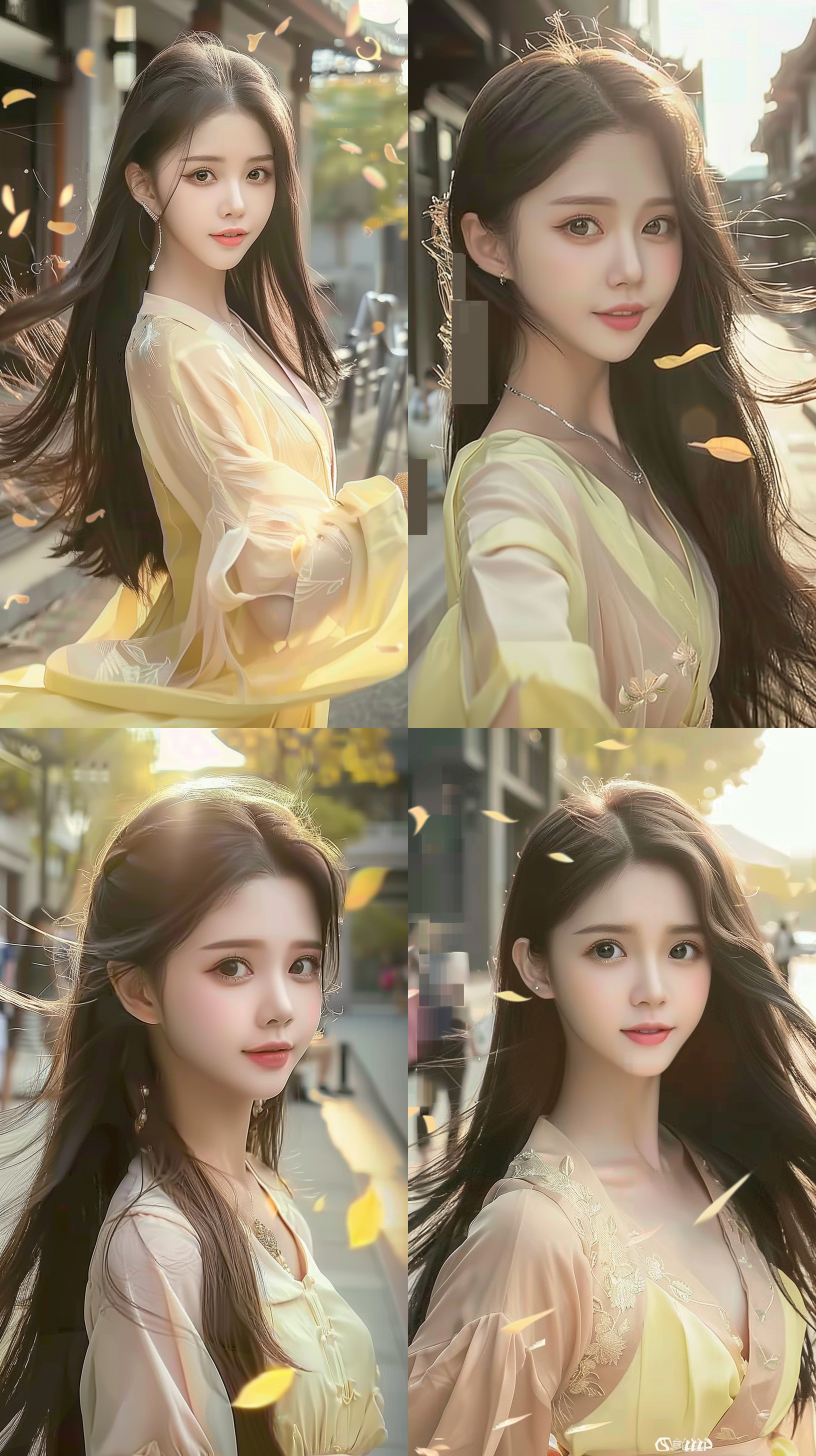 汉服美女，街头秋风落叶，传统环境，柔和色, 肖像模式, 飘动发丝, 微笑, 50mm定焦镜头, 夕阳光线, 优雅动作, 传统元素, 柔和色调, 宁静。