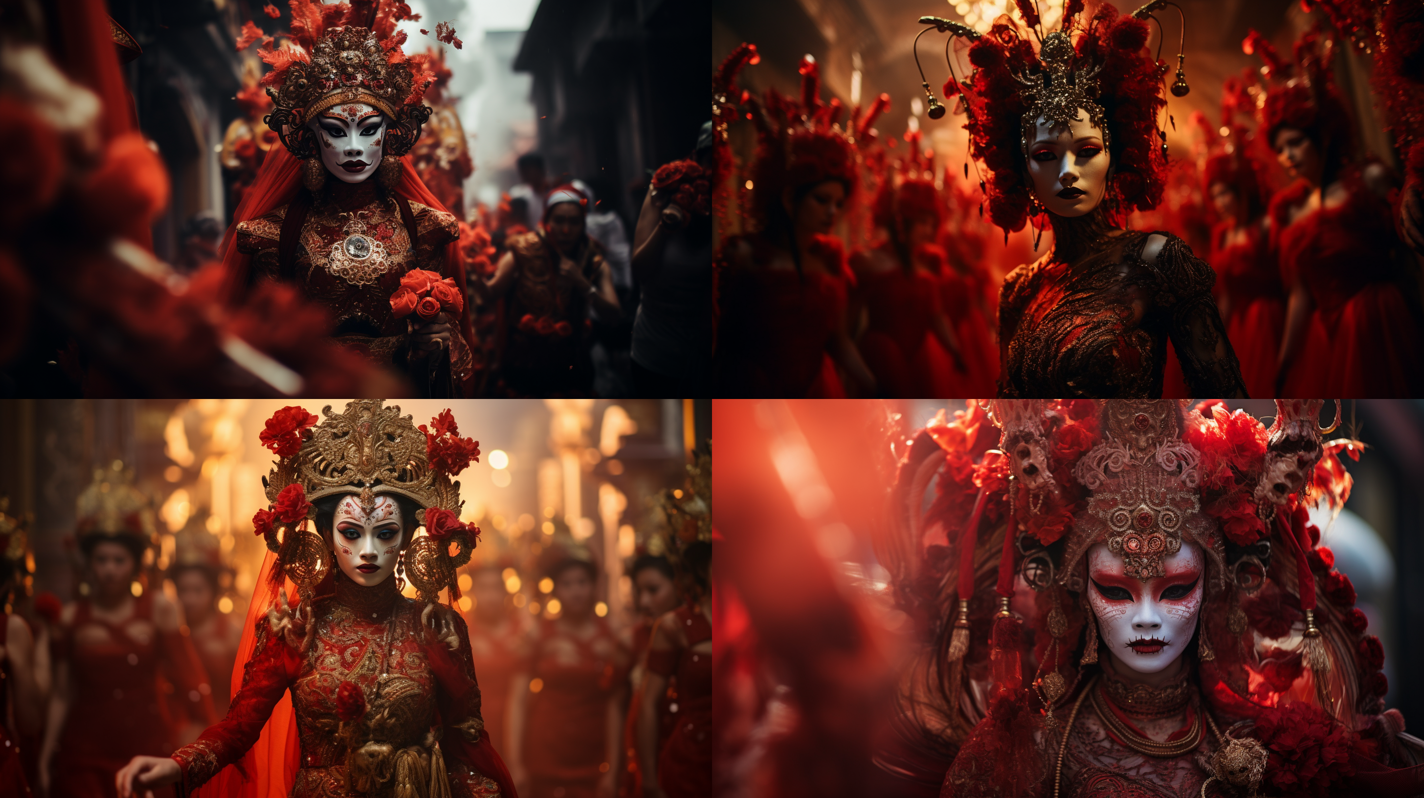 迎亲队伍，奇异风格，红色主调，唢呐芦笙，扭曲面孔，花轿，诡异氛围，厚粉底，僵硬动作，高饱和度，模糊表情，暗调灯光，抽象，梦幻。