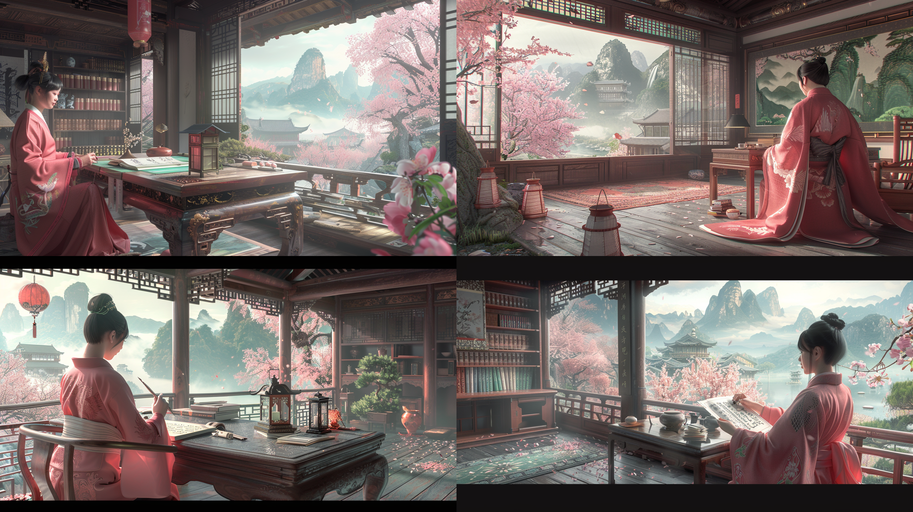 李清照练习书法，古风书房，传统服饰，专注表情，木制书桌，书架上有书籍，灯笼照明，墙上有书法卷轴，高对比度，8k分辨率，超高细节，墨笔，砚台，纸张，侧光，温暖色调，细致情感。