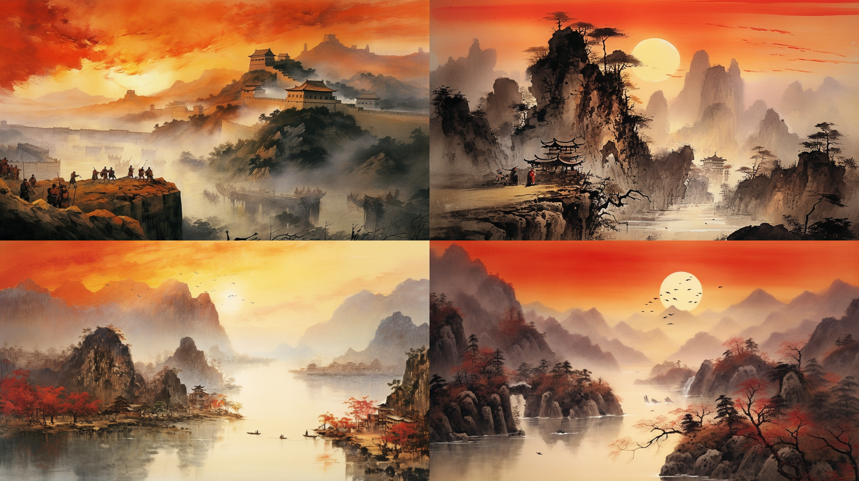 中国水彩画，融合了傅抱石，关山月两位大师的风格，长城，黄河，高山大岭，气象万千，一轮红日照耀群山，整体气势磅礴、恢弘大气。