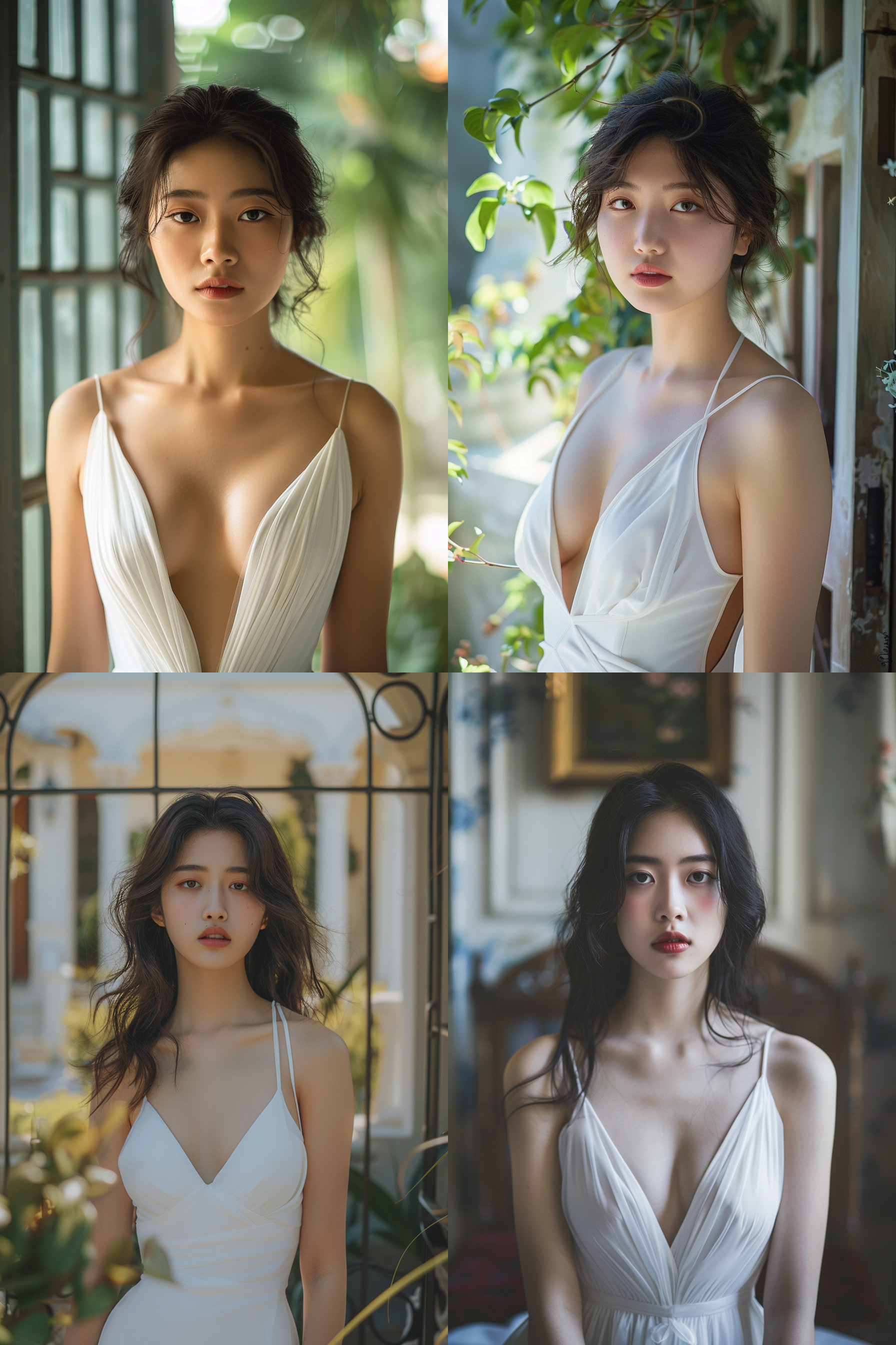 亚洲年轻美女，白色深v礼服，别墅背景，写真风格，正面照，电影镜头。 - 虹3 - 外观9:16 - 放松 - 风格化0