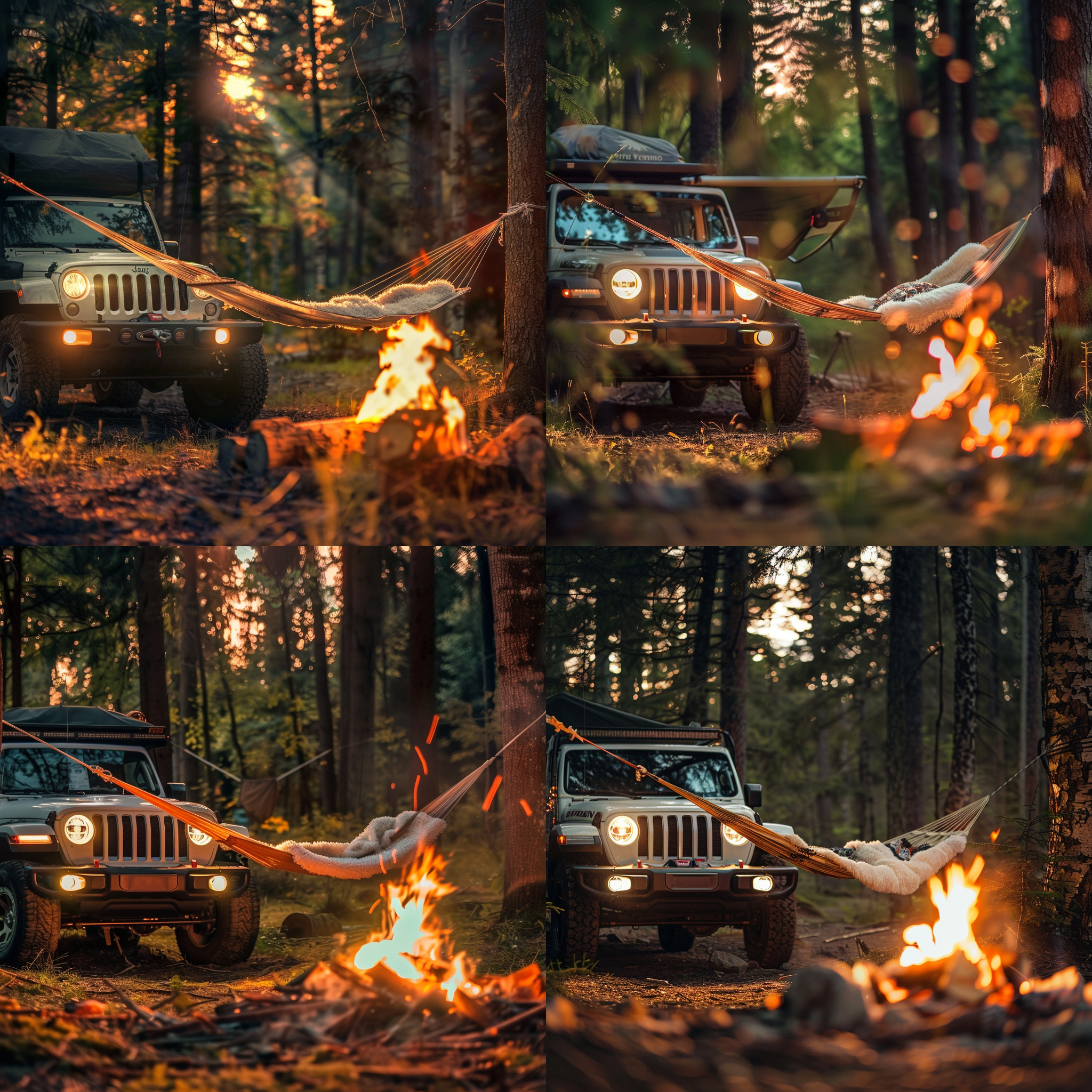 露营车牧马人在森林篝火旁，橘色火光，白色羊皮在吊床上，傍晚夕阳，透光车身，户外风景，长焦镜头，暖色调，侧光，自然环境，宁静，温馨。前景篝火，中景2树之间吊床，牧马人汽车，车身45度视角，背景森林和露营装用品。