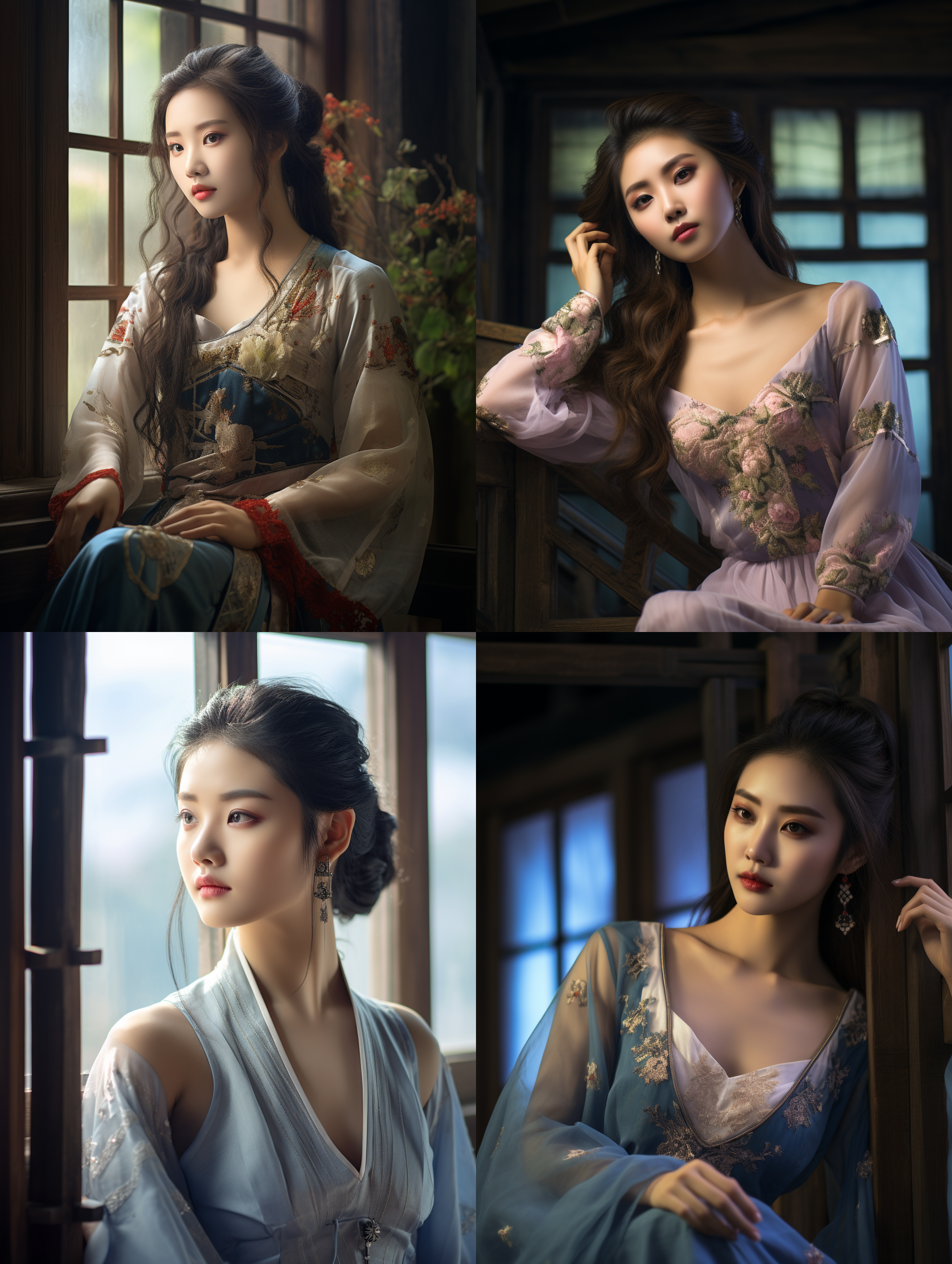 中国女性，hdr, uhd, 8k, , highly detailed, best quality, masterpiece，自然光线。通过窗户射入的光线柔和且均匀，突出了主体的轮廓和肌肤质感。照片中女士的站位和姿势也非常得体，衣物的飘逸感，模特的身形曲线。虚化的背景，注意力完全集中在女士的身上，强化了主体的视觉冲击力，合适的光圈和焦距，营造了一个清晰而不失温馨的画面氛围。既展现了女士的自然美态，也体现了摄影师对光影和构图的精心把握。