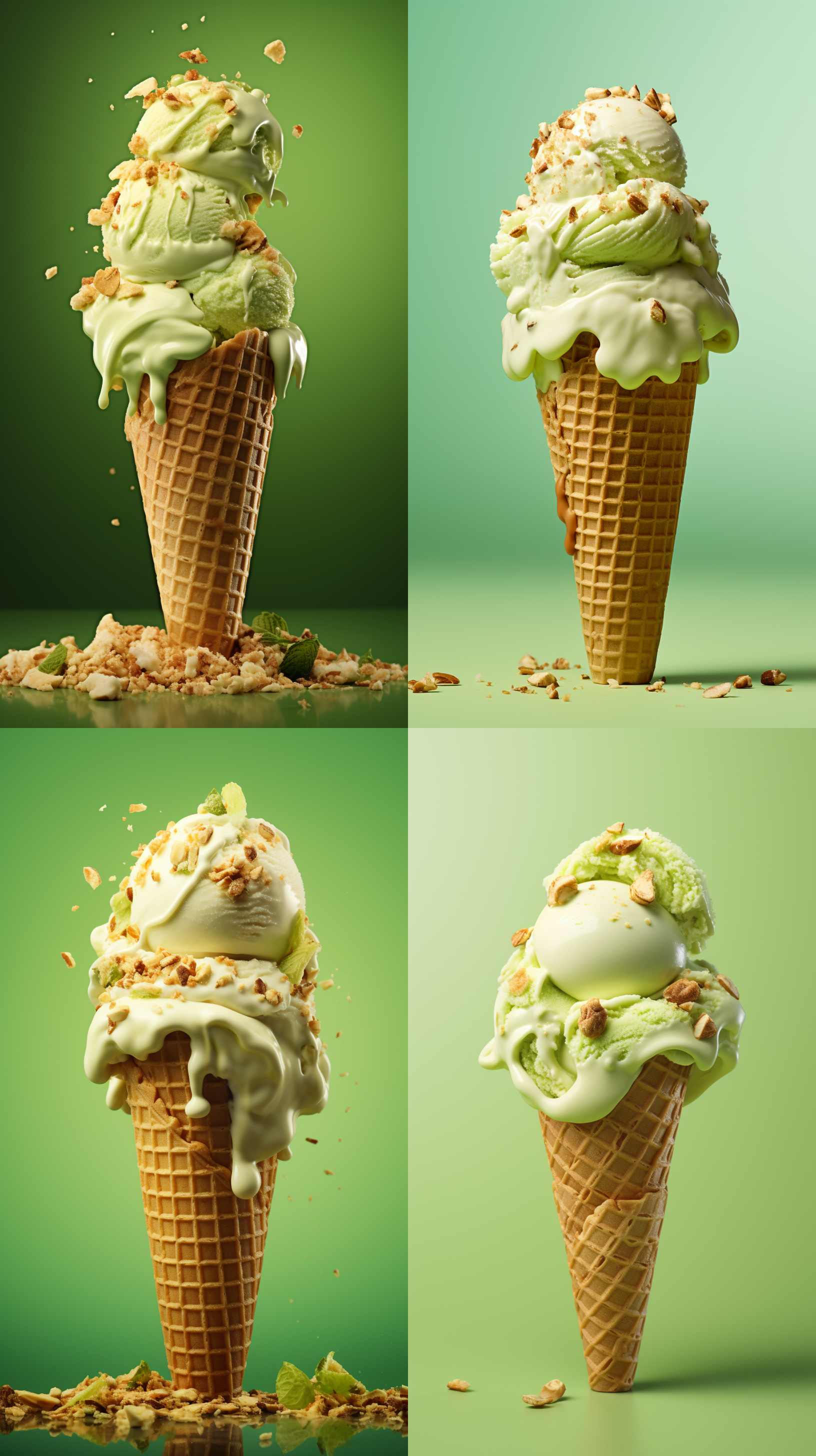 商业广告照片，美味的淡黄色奶油冰激凌甜筒，上面点缀着掉落的坚果碎，高细节，简约绿色背景