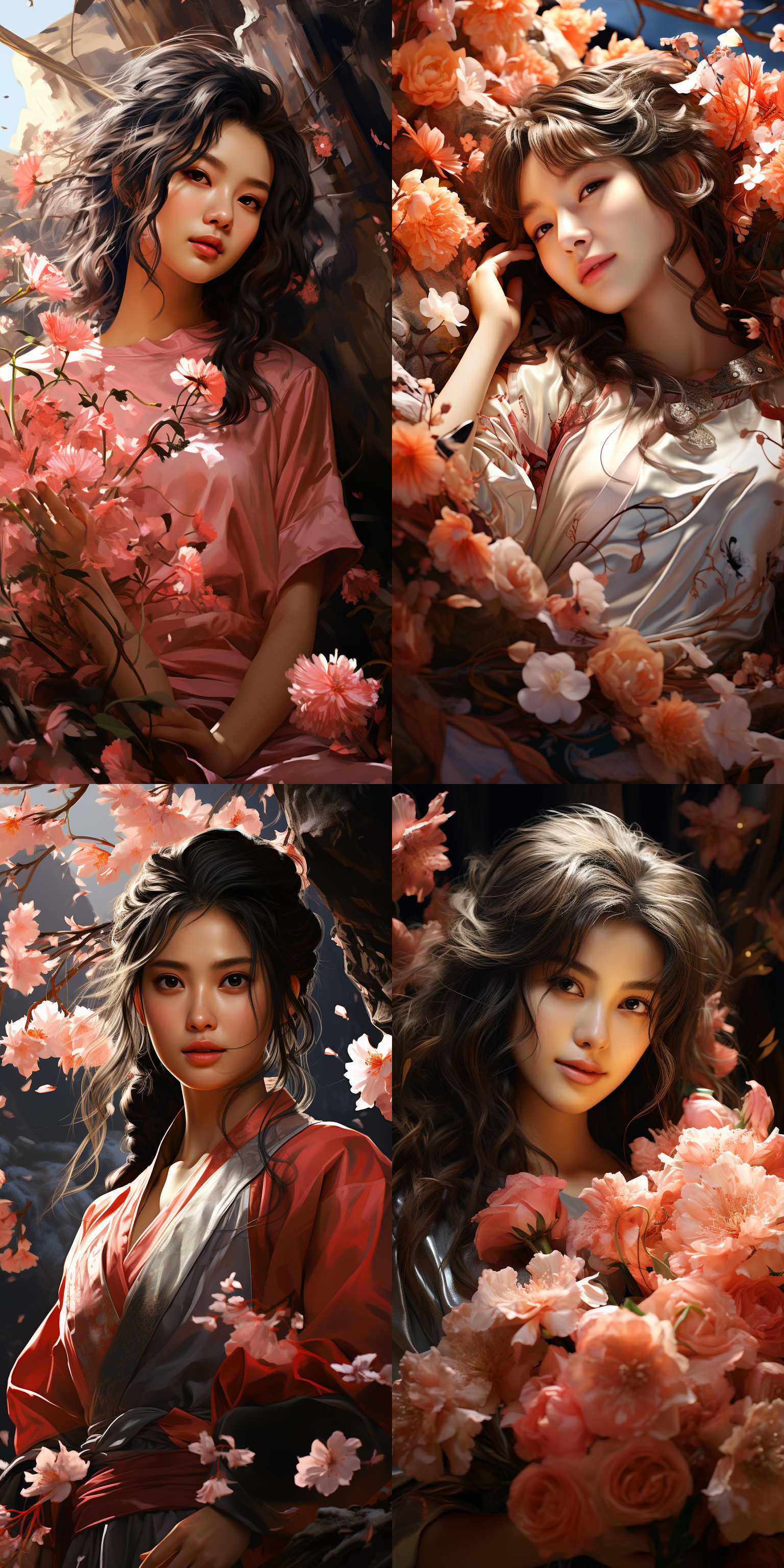 女孩微笑，cg艺术，辛烷值渲染，上半身，腮红，刘海，针织衫，绽放的花朵，巨大的花朵，极致美丽的脸，可爱的女孩，起伏的波浪形洞穴，柔和的光线，中国画意境，东方美学。