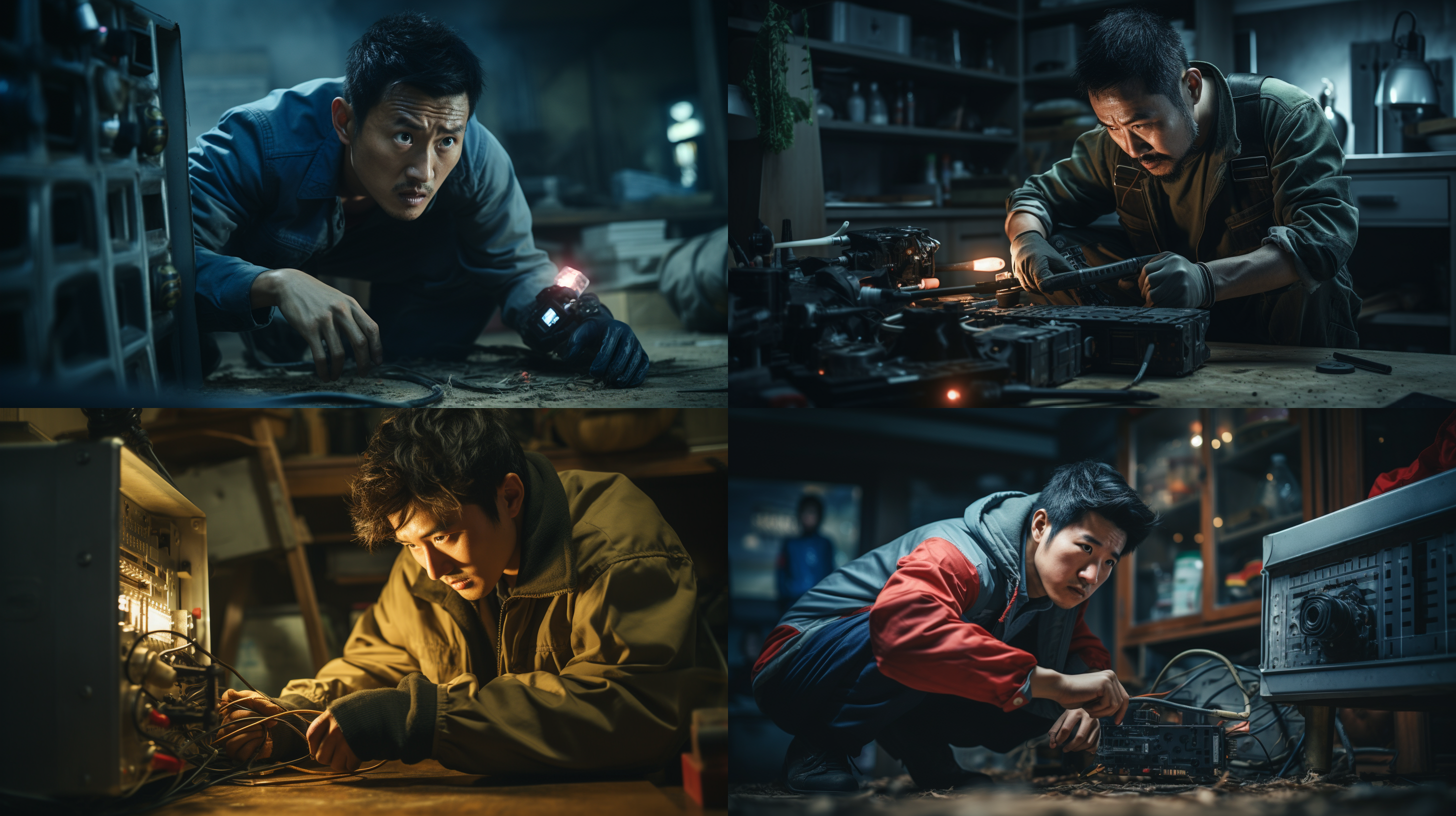 中国男工人修电视，工作服，专注表情，电视机旁，工具箱，螺丝刀，焦距拉近，室内，冷色调，中等光线，调整细节，修复动作，技术感，认真。