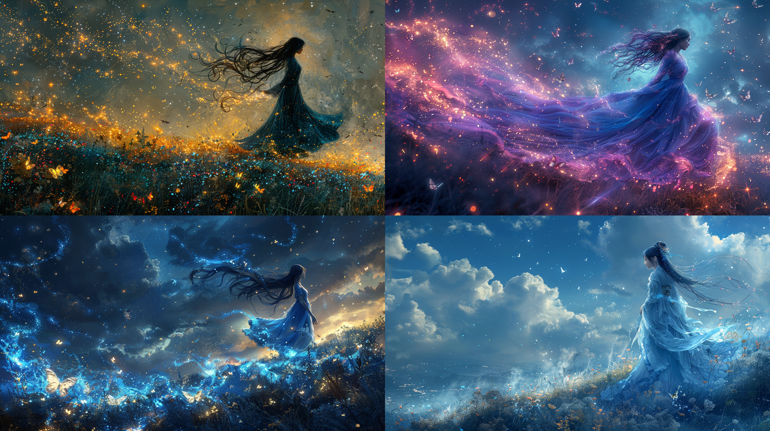 九条裟罗，飘逸头发，中胸，夜空，闪耀，蝴蝶，闪光星星.