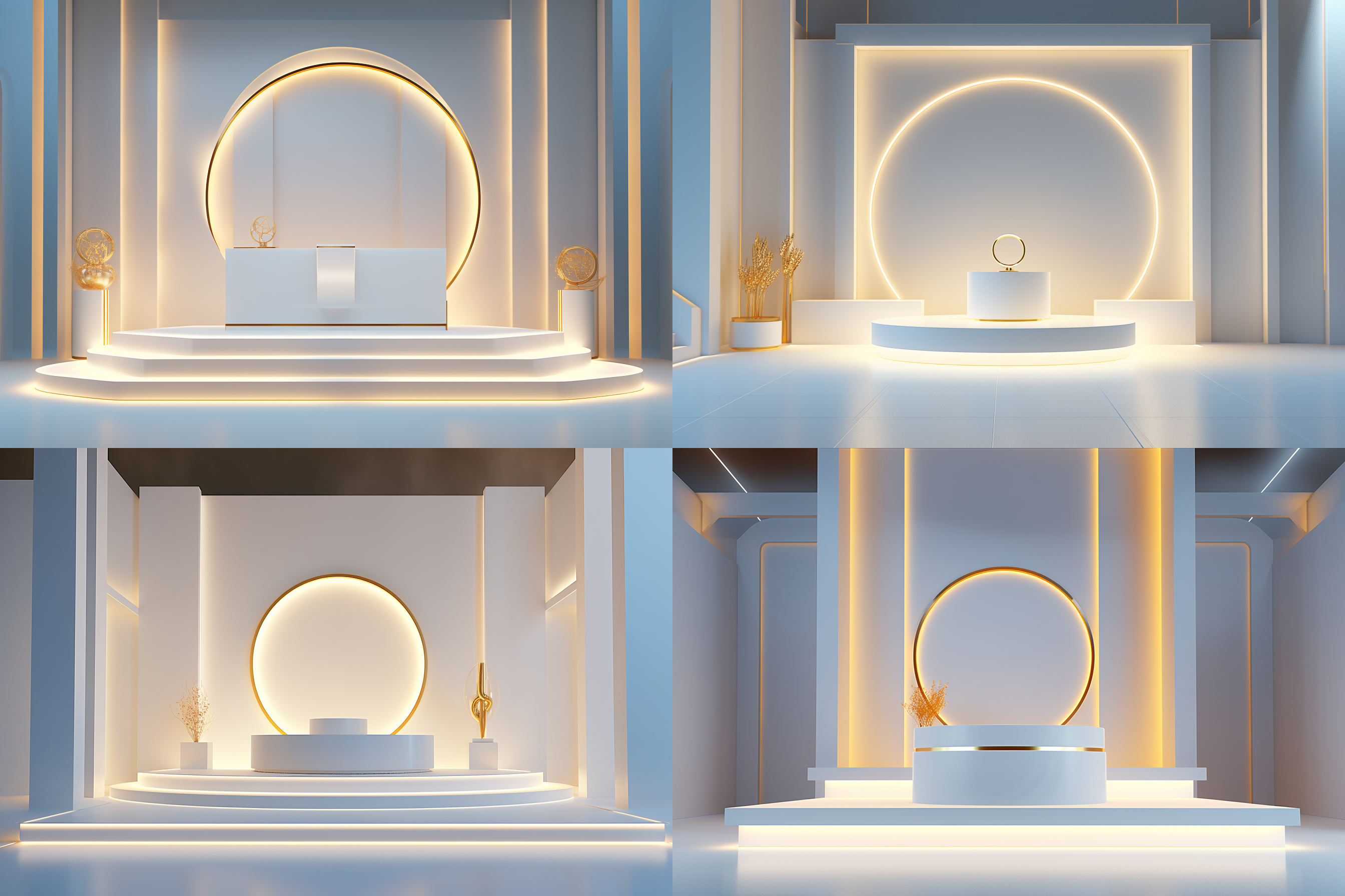 白金色电商背景，空展台。简约风格，极简背景，干净光影，高清分辨率，超细节，3d c4d，blender软件，超高清3d渲染、霓虹灯 波普艺术 日记本风格