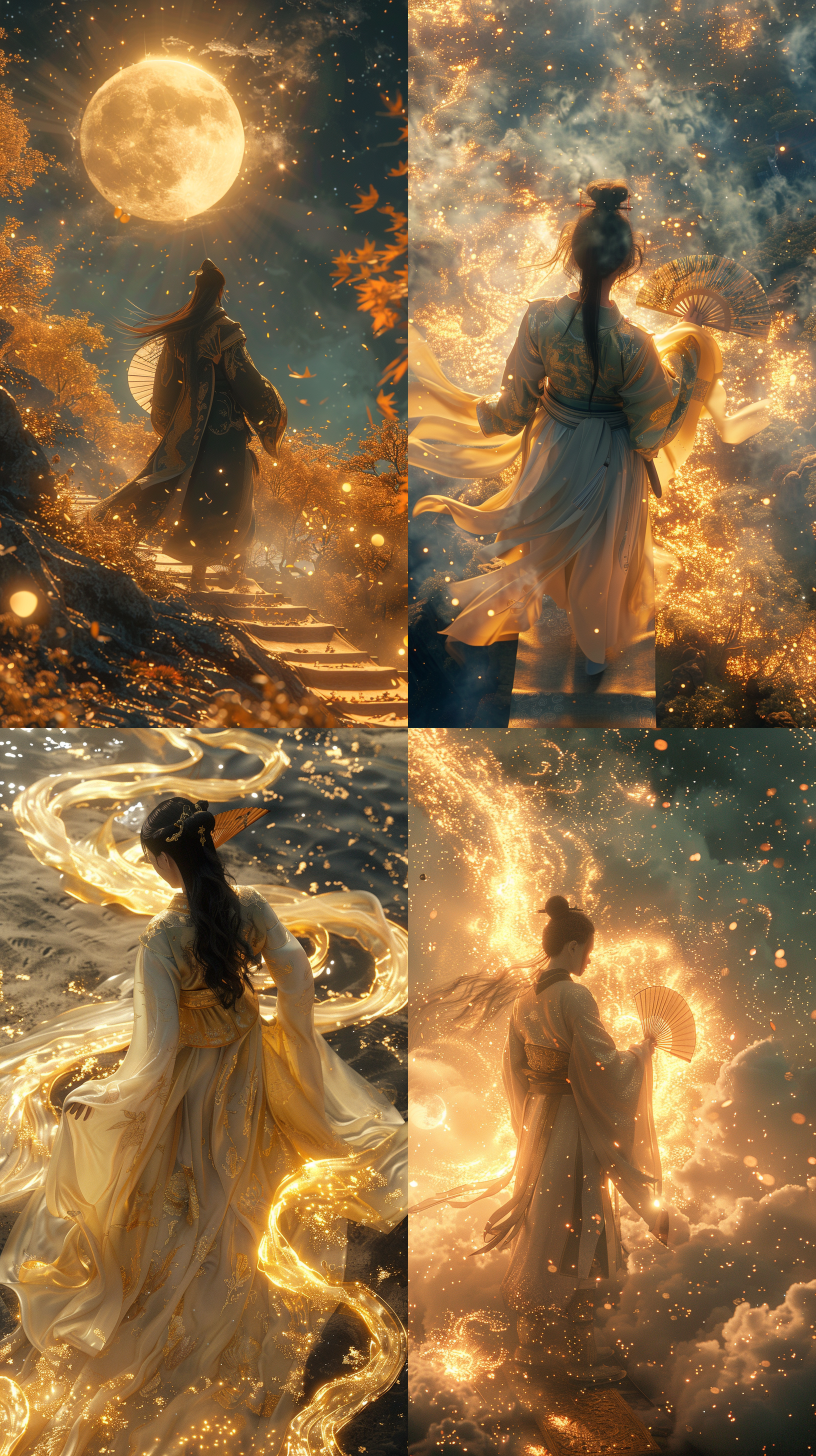 the ancient boy walks on a scroll, holding a fan, wearing a soft hanfu, with long hair flowing, rendered in 3d, with a golden jade gradient, seen from above, bright and dreamy, against a starry sky, historical painting, rendered in unreal engine 5, in high-definition quality, high resolution, and 8k resolution.,,in clothes