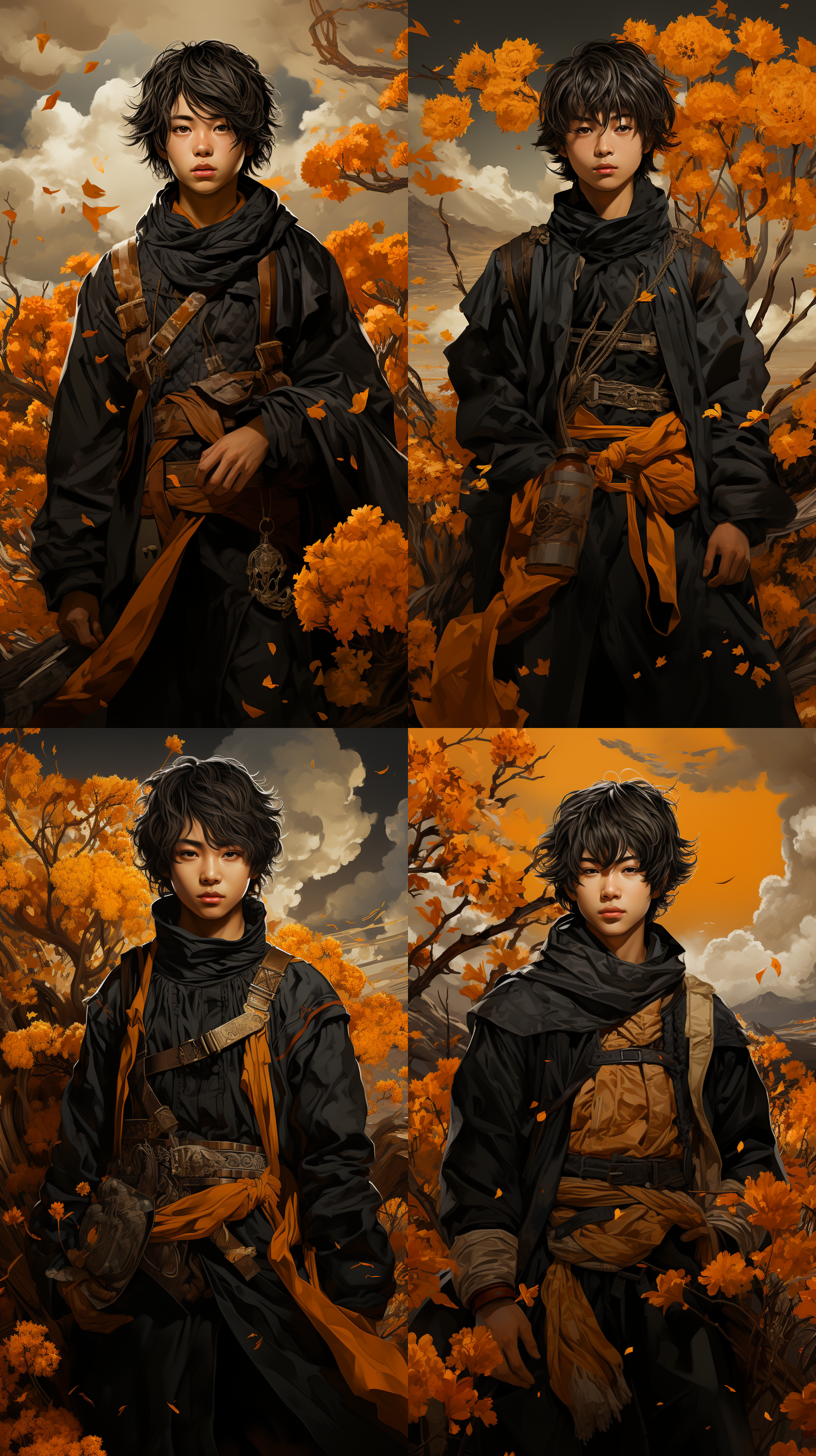 a first-person vantage point full body portrayal of a shepherd boy riding a sheep in the fields the shepherd boy is garbed in hanfu traditional chinese ink art-style dominant color palette of black and gold employ exaggerated perspective to invoke an awe-striking visual scene favor a minimalist style artwork resolution: 8k