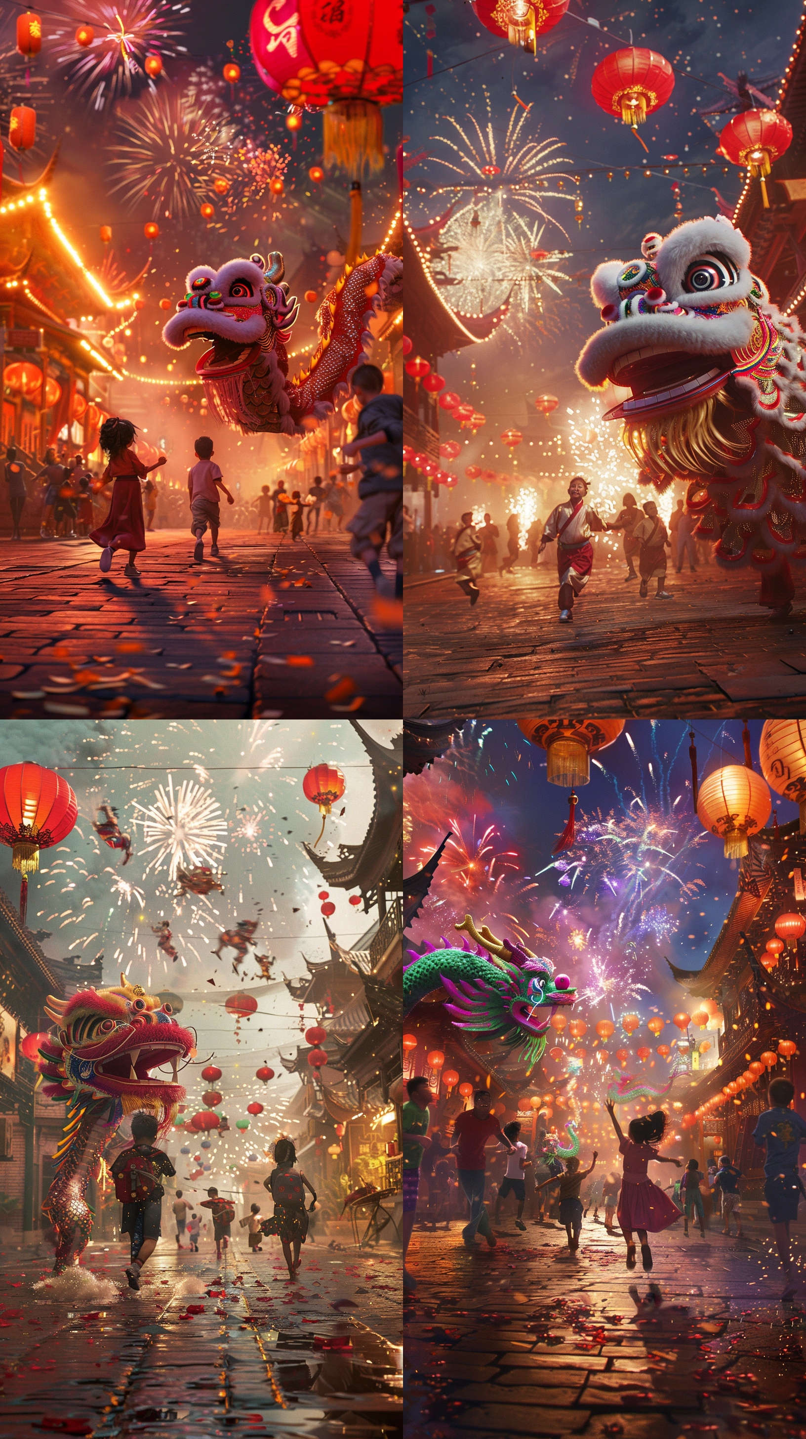 中国风舞龙，广场上，多色，优美动态，儿童奔跑，4k画质，烟花璀璨，花灯街道，流畅运动模糊，明亮色调，喜庆氛围。