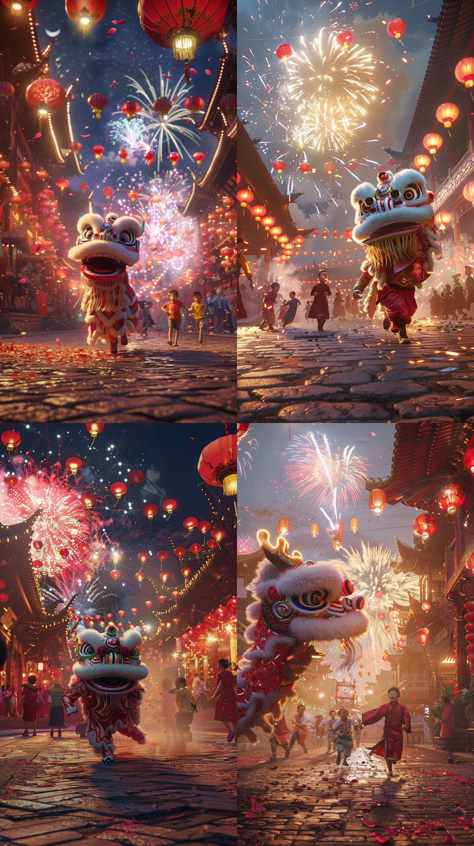 中国风舞龙，广场上，多色，优美动态，儿童奔跑，4k画质，烟花璀璨，花灯街道，流畅运动模糊，明亮色调，喜庆氛围。