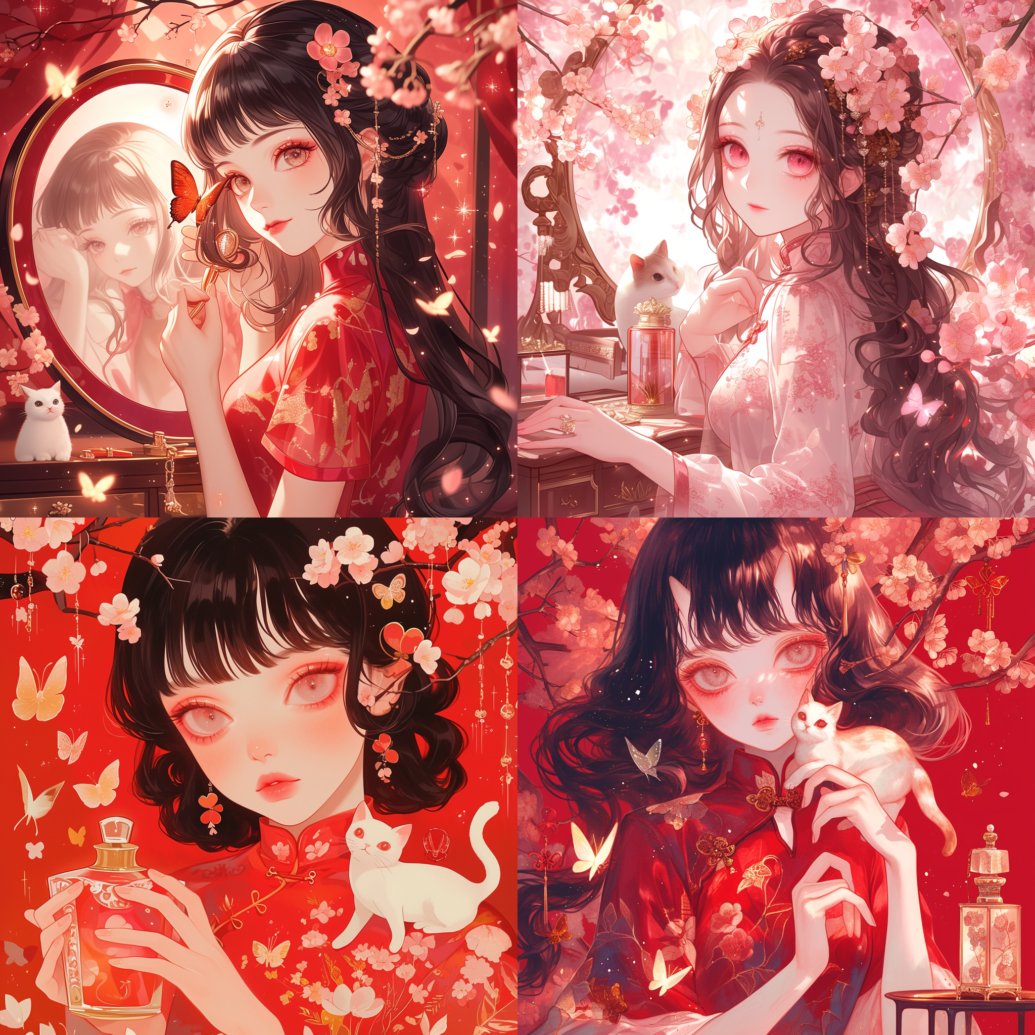 粉色蝴蝶结梦幻肖像，1950年代红色主题，丝质睡衣金色梳妆台，白色小猫。香水瓶梦幻幸福感，古风发型设计公主剪裁，长发黑发特写大眼睛。长睫毛细节闪亮樱花，长头发长颈鹿角旗袍。