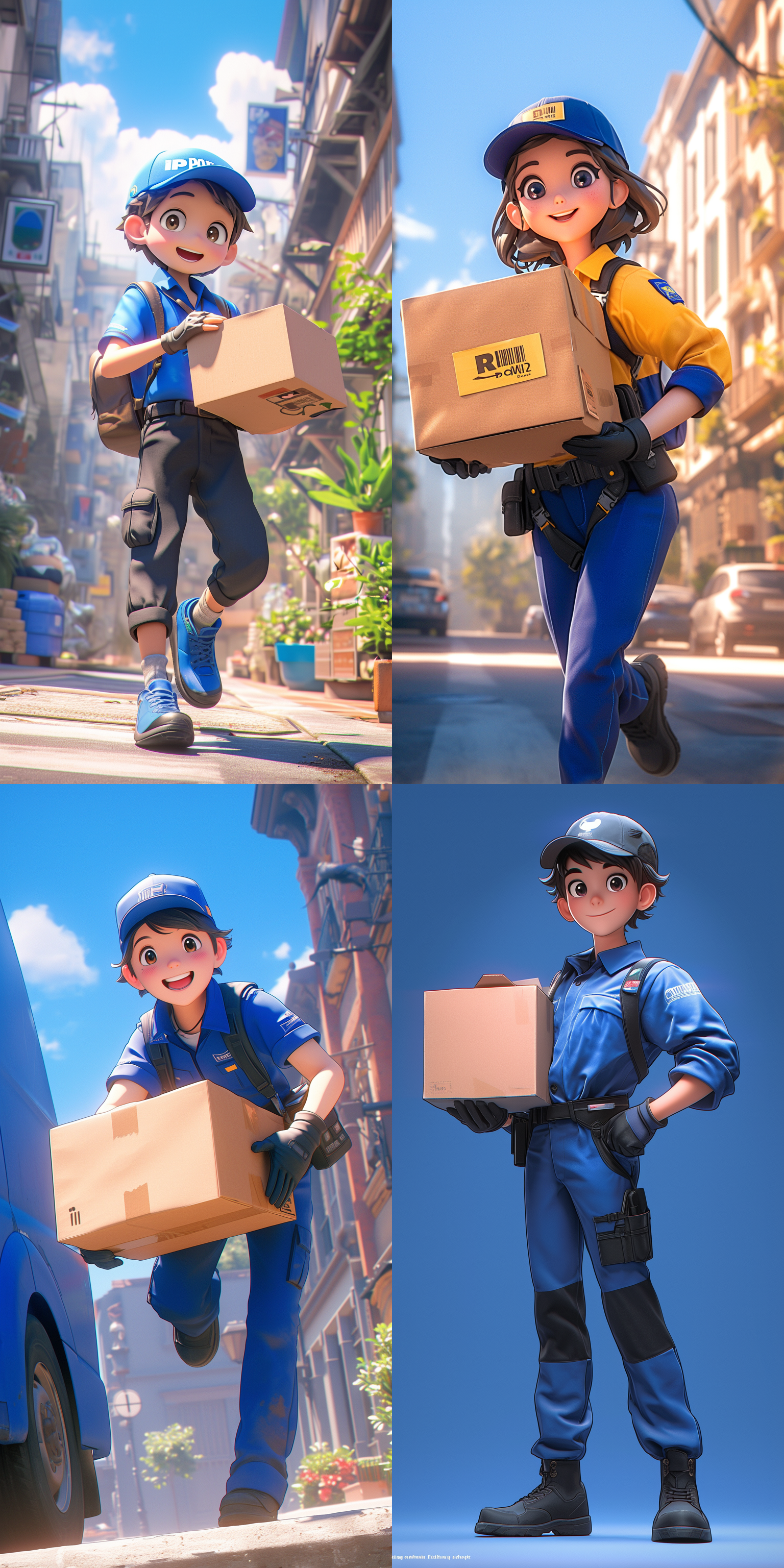 q版人物，一位帅气的男快递员在送快递，职业服饰，黑色头发，大大的眼睛，小鼻子，白皙皮肤，鸭舌帽，微笑的表情，夸张的姿势，蓝色细节，城市街道背景，前视图，电影照明，明暗对比，super cute girl ip pop mart blind box，3d，c4d，oc渲染，最高质量，8k