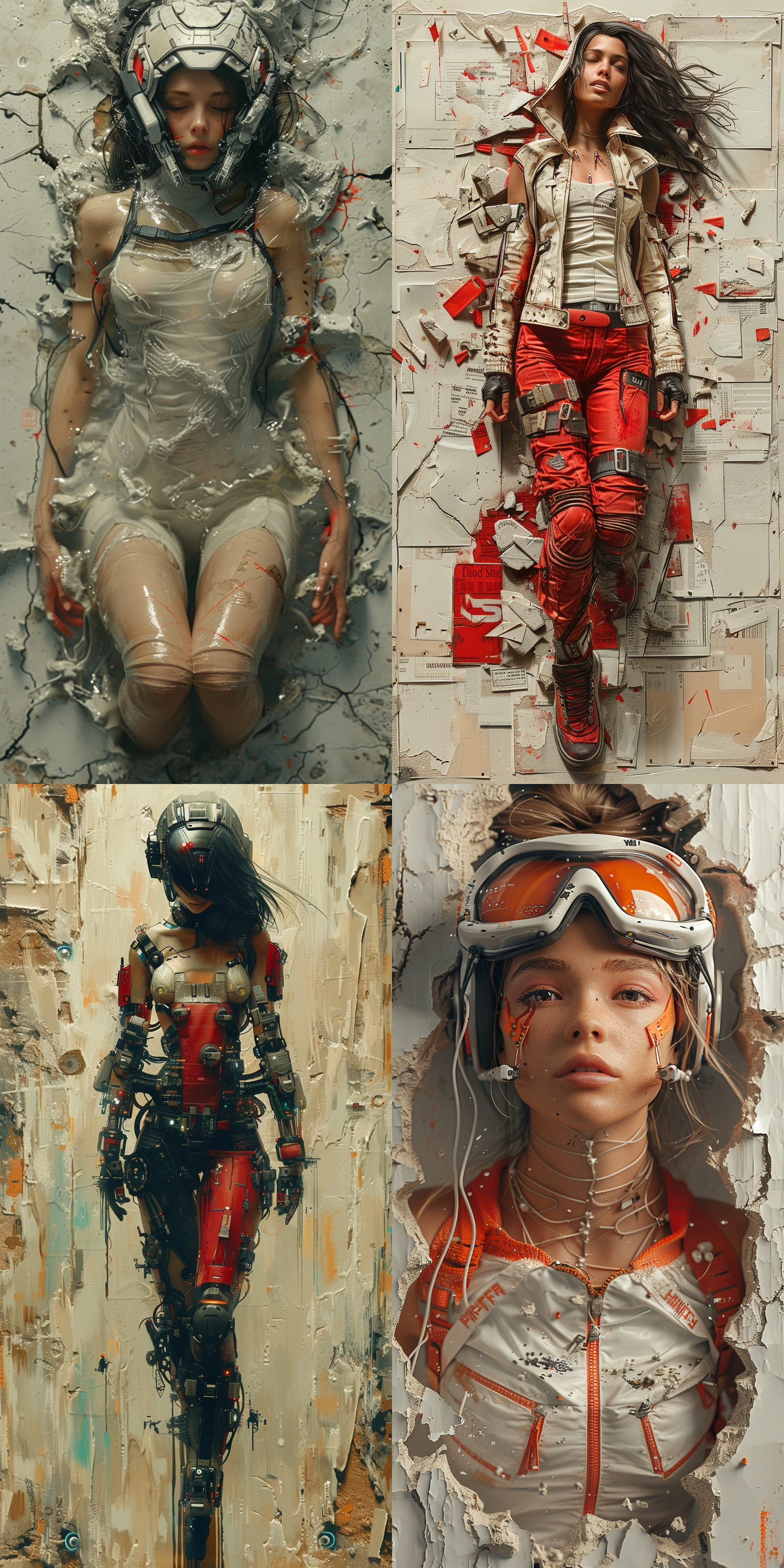 创建一个详细而复杂的 3d 渲染描绘一个赛博朋克女性,穿着赛博朋克服装,从破裂的帆布中摆脱出水平姿势。 女人的身体和脚应该超越画布的边界,唤起一种紧张感和运动感,好像她正在逃离画布的边界一样。