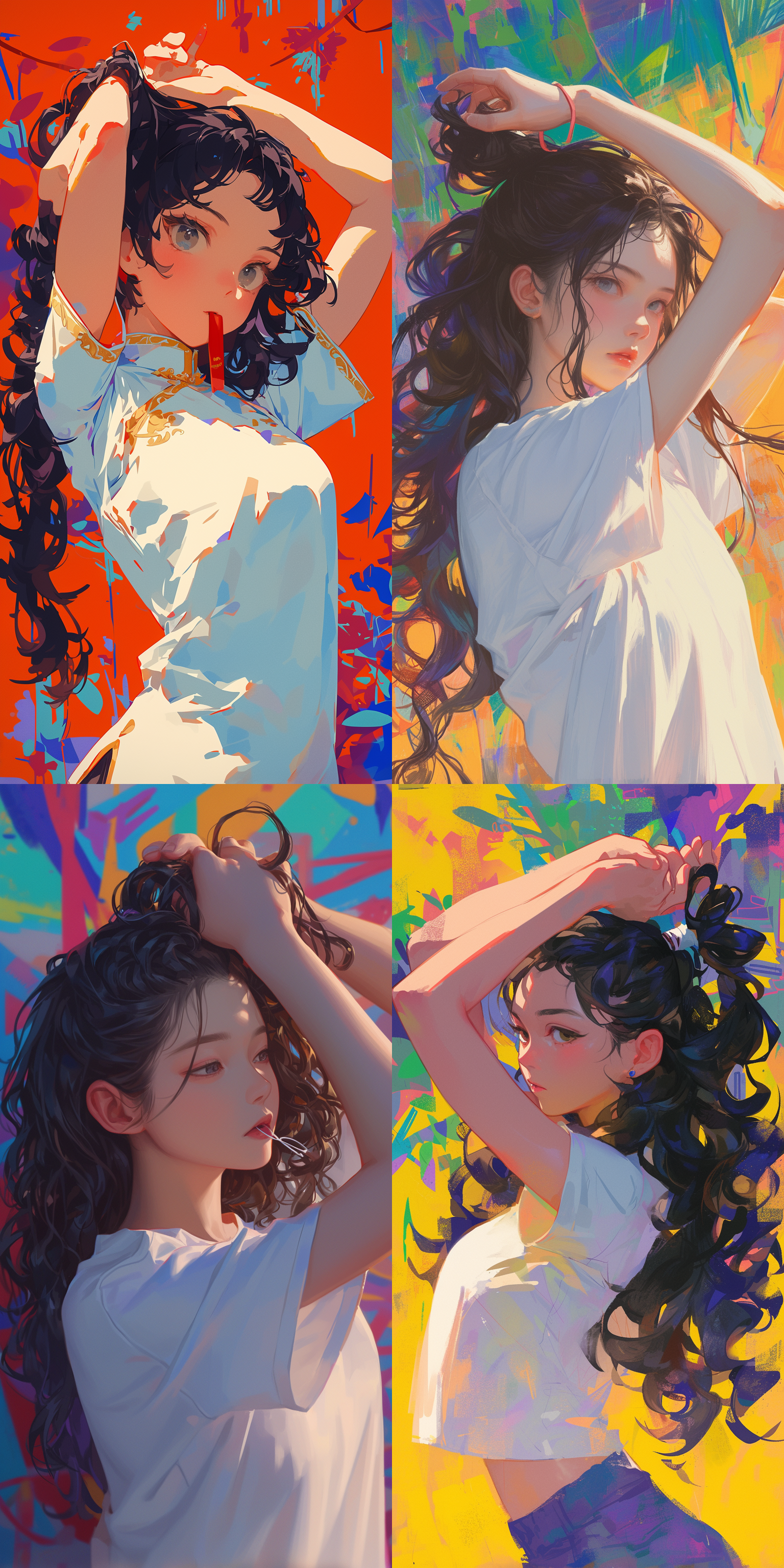 一个15岁棱角分明精致面容的中国女孩嘴里叼着一根皮筋，双手扎起她的黑色长卷发准备梳头，半身，眼神迷离，身穿白色时尚半袖，背景光怪陆离彩色线条，干净线条，明亮色彩