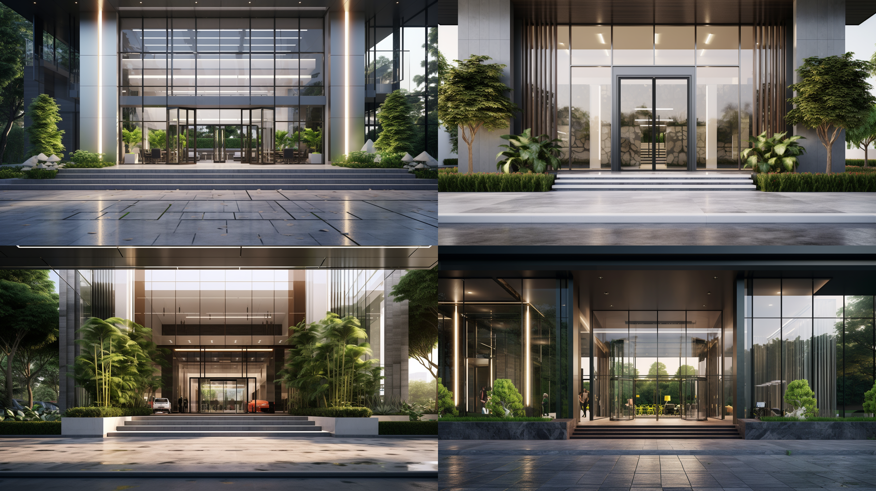 写字楼入口大门效果图，现代简约，流线造型，绿植点缀。现代建筑，玻璃幕墙，几何构图，明亮色调，宽广景深，对比明显，商务氛围。