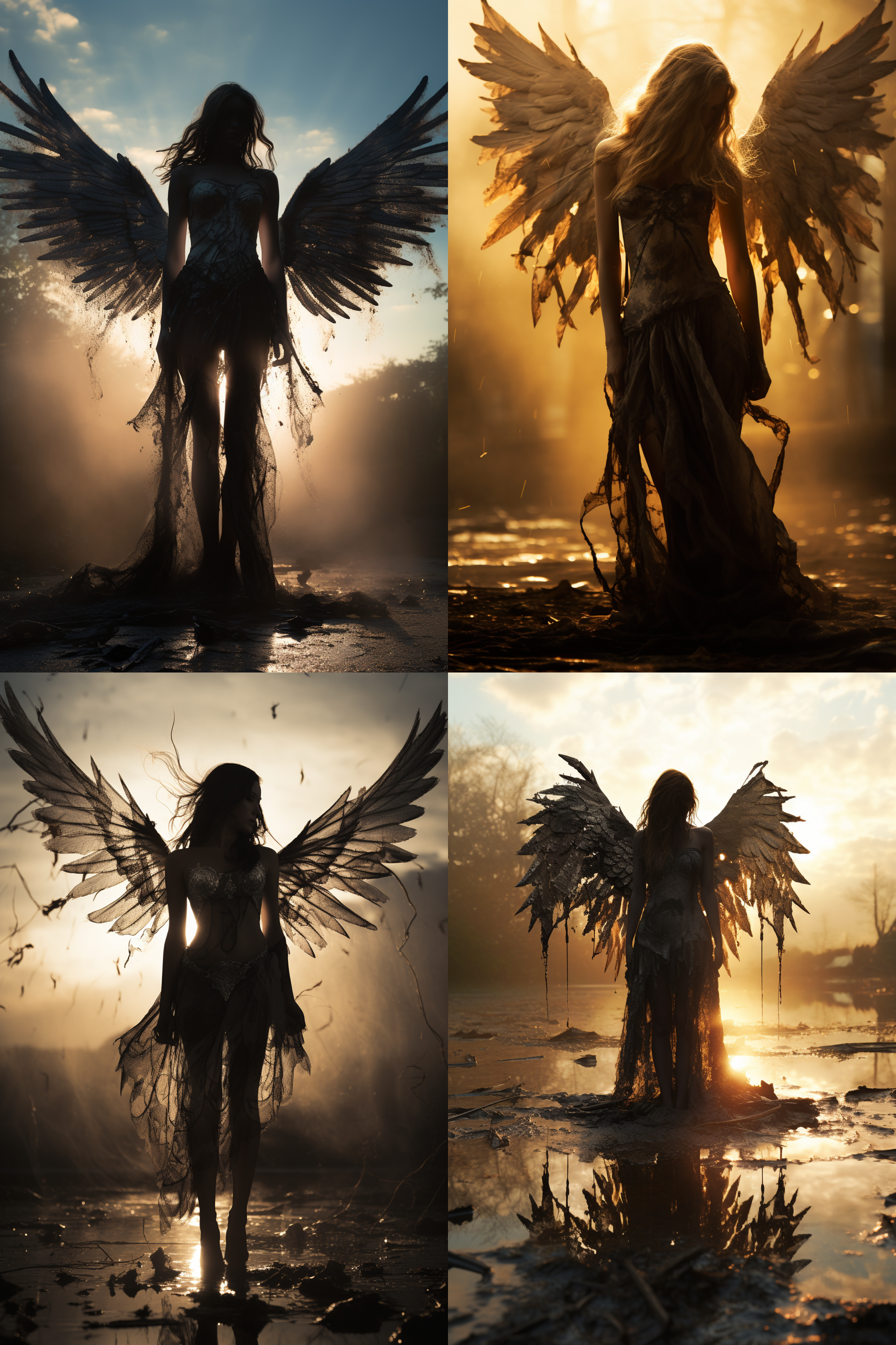 女神背影，背上的天使翅膀被折断，唯美，大光圈，全身图，居中构图, 室外, 中长焦镜头, 柔和侧光, 哀伤, 冷色调, 悲伤。