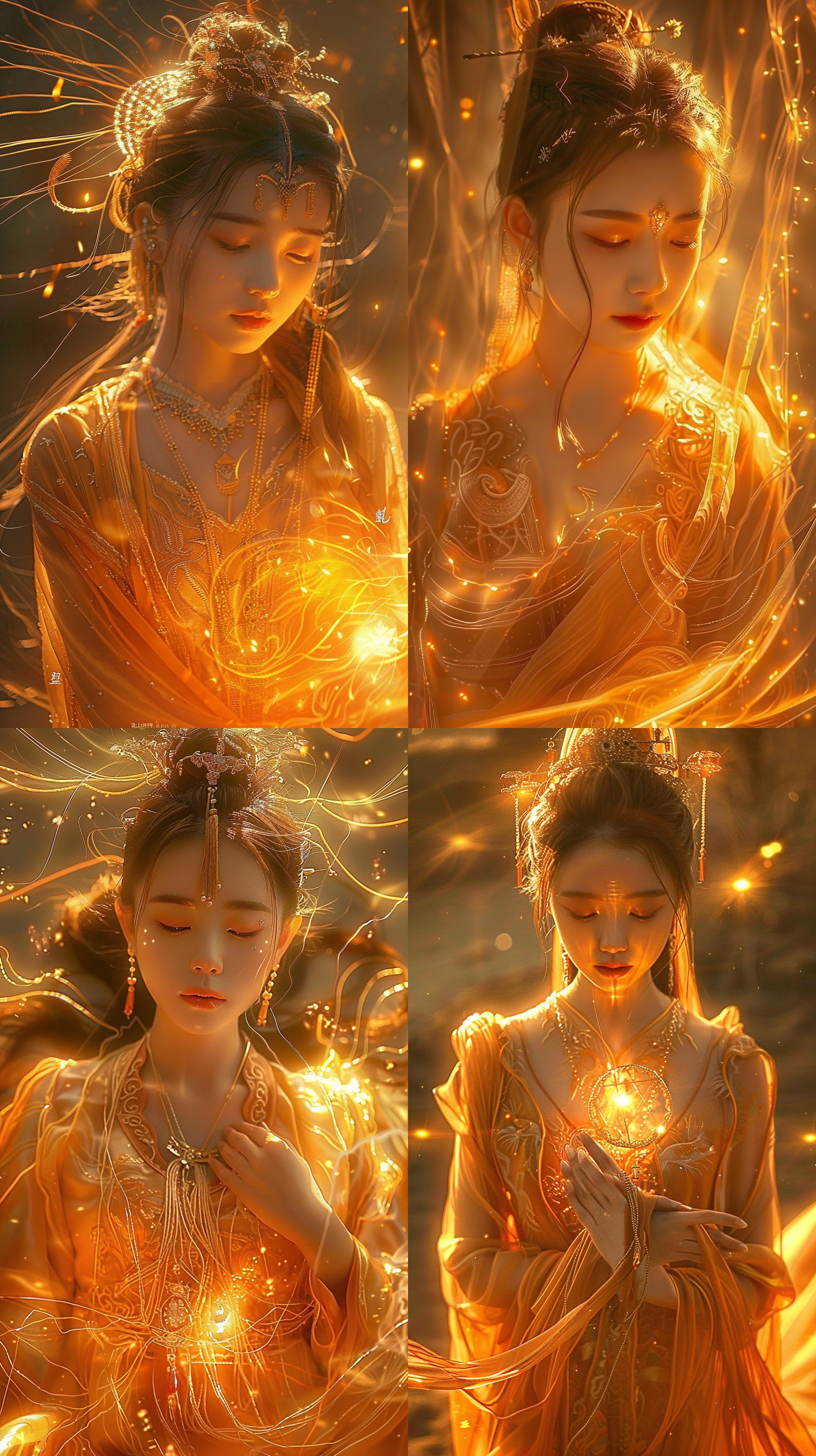 中国女孩，光之女神，高品质幻想照片，中国神话，仙女，金色火焰调色板，光学艺术，美学，背光，流行艺术，汉服，互联网，透明质感，细致销售，光线编织，逼真。 镜头光晕 明亮的 反射光 暖光 环境光 电影风格 幻想 浅橙 多姿势角色