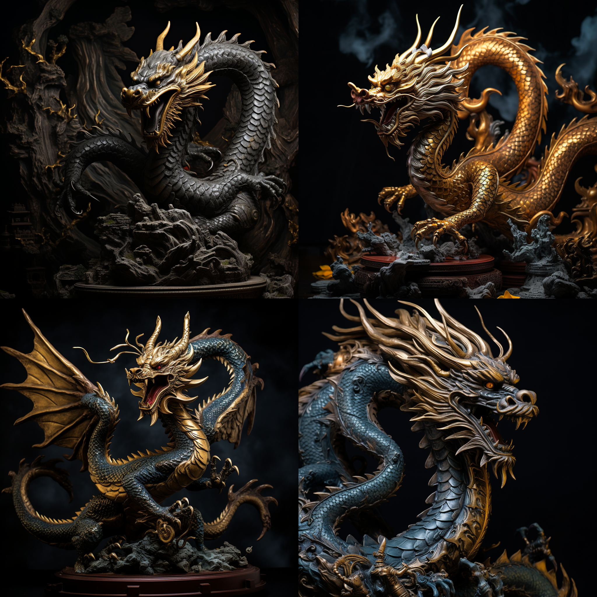 神龙展翅，黑色背景，威武大气，真实细节，鳞片纹理，逆光，长焦镜头，高清晰度，张口欲吼，神秘威严，中国元素，魔幻色彩。