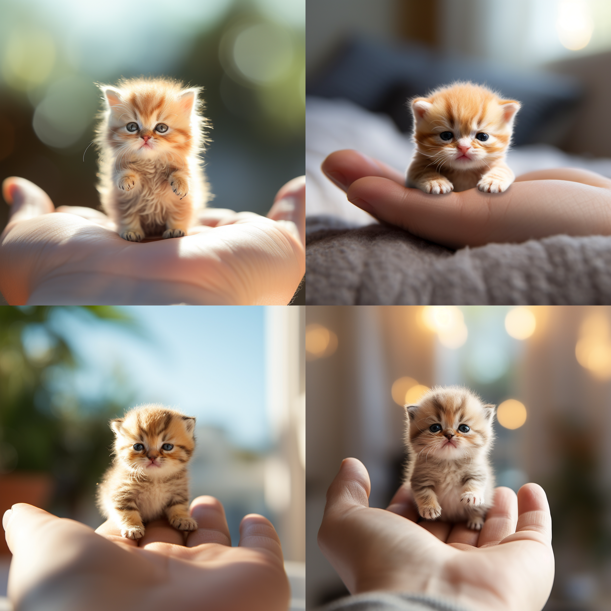 超迷你小猫，手心上，完美画质，cg电影风格，微距镜头，明亮光线，温暖色调，可爱动作，细节丰富，柔和色彩，惊喜表情。