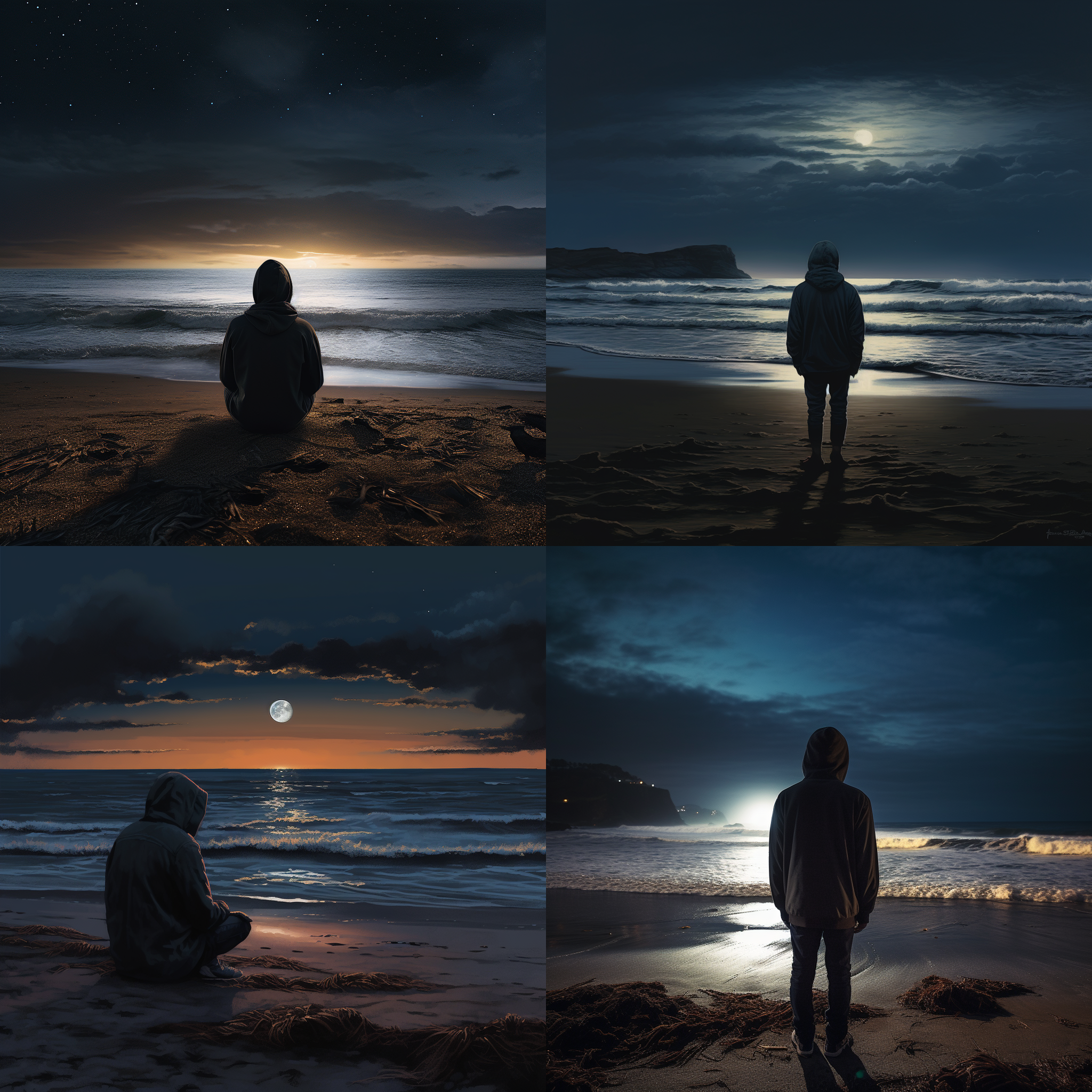 男孩海边夜晚，背对镜头，戴卫衣帽子，注视大海，暗调，孤独，思考，远眺，海浪拍打，温暖色调。