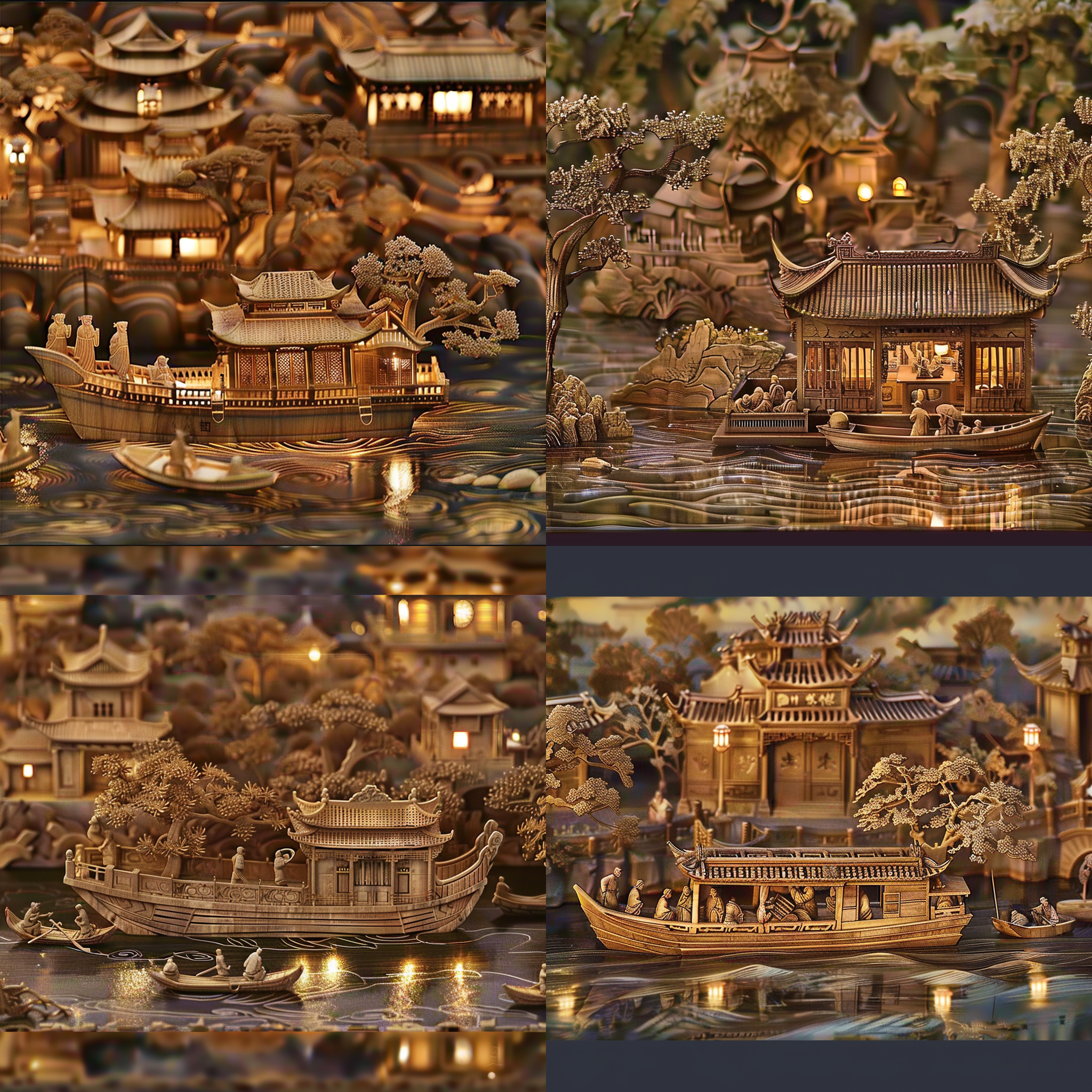 渔舟唱晚，细腻雕工，8k分辨率，中式风格，整洁画面，超写实风格，丰富细节，金漆木雕，潮州风情，温暖色调，船上灯光，水面倒影，宁静祥和。