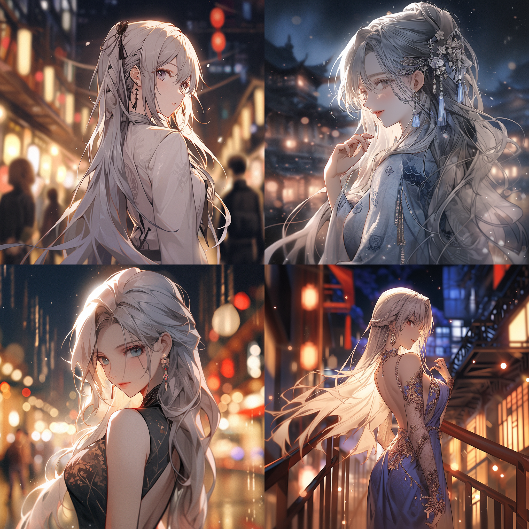 中国美女回头，银色长发，夜景环境，侧光，长腿，优雅气质，细致脸部表情，高清晰度，反光镜头，暗调，神秘感。