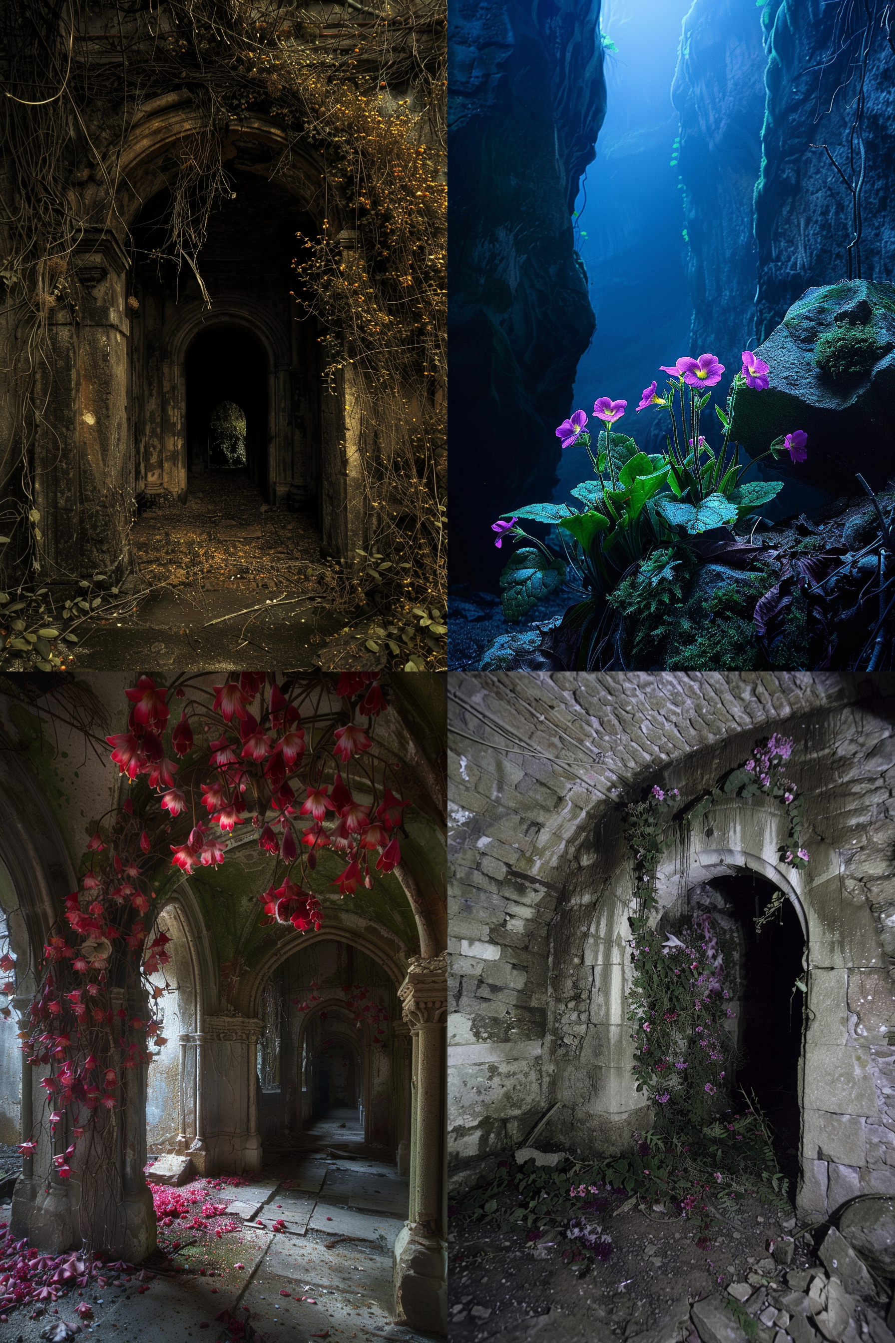 (((photographic, photo, photogenic))), extremely high quality high detail raw color photo, dark and dreary dungeon, incandescent blooming, brilliant vibrant plants and flowers, darkness pushed away, grasping breath of life, beauty in sadness, desolate cave, drawing, artwork, mystical atmosphere, gothic architectural details, bioluminescent flora, ethereal lighting, gustave doré-inspired shadow play, enchanted undergrowth, rich textures, contrast between decay and growth, poetic visual narrative