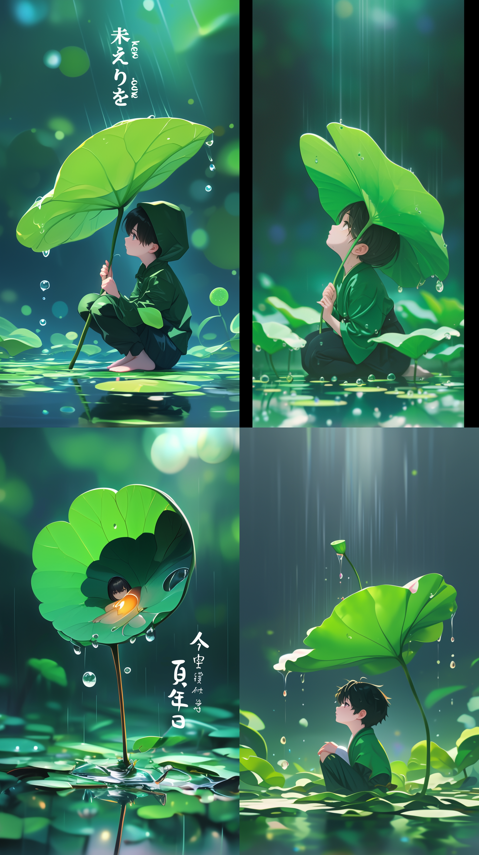 细雨中拿荷叶遮挡，3d渲染，微光模拟，生态景观，阳光反射，柔和色调，特写镜头，雨珠细节，虚化背景，清新感，雨后气氛，环绕雨珠，柔和阳光，近景，构图倾斜，人物与水面持平。