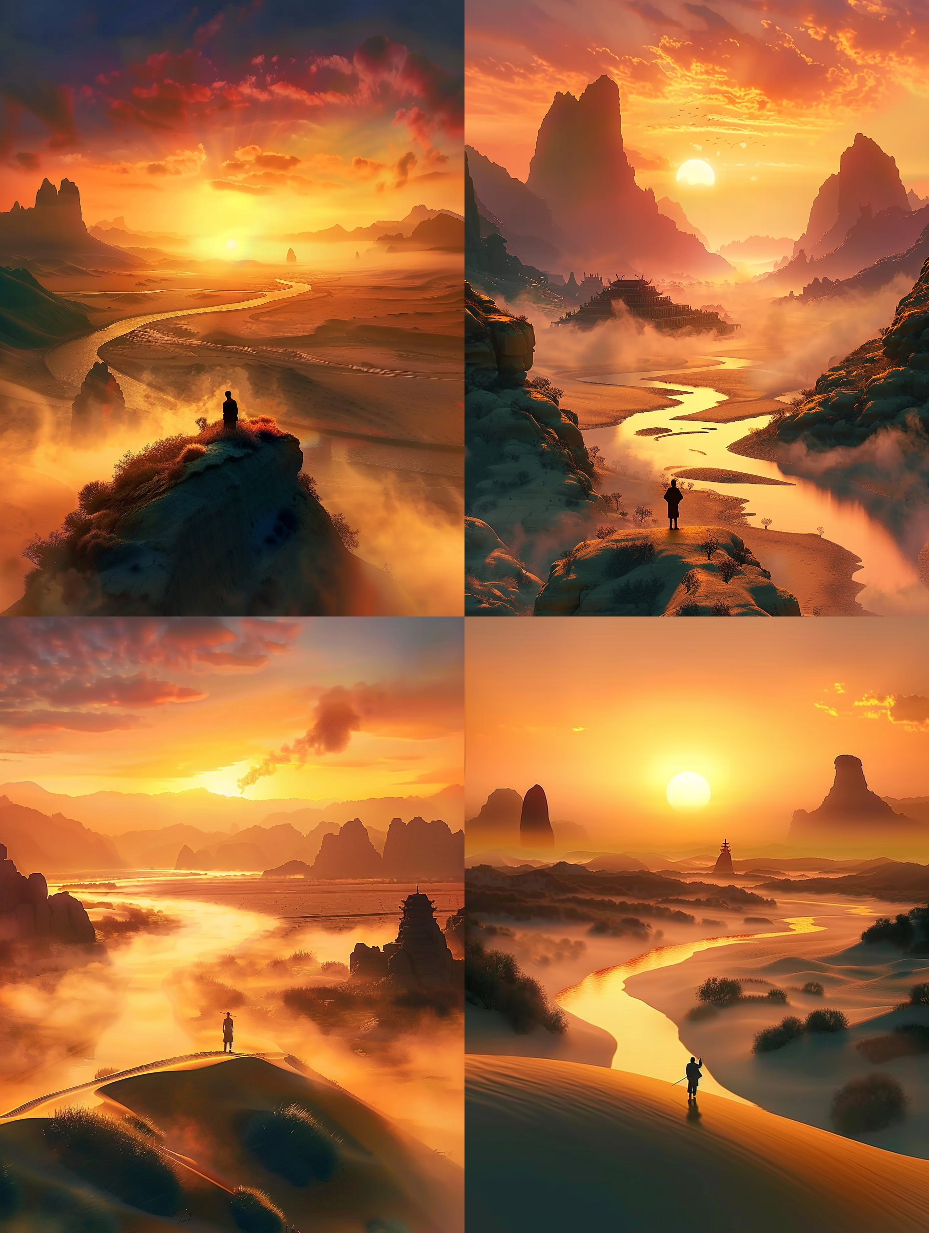 三维古风,炫彩光影,立体,写实,大漠,意境,落日,一个小小的人,孤烟,长河,背影,超广角,远景图,留白,多角度构图