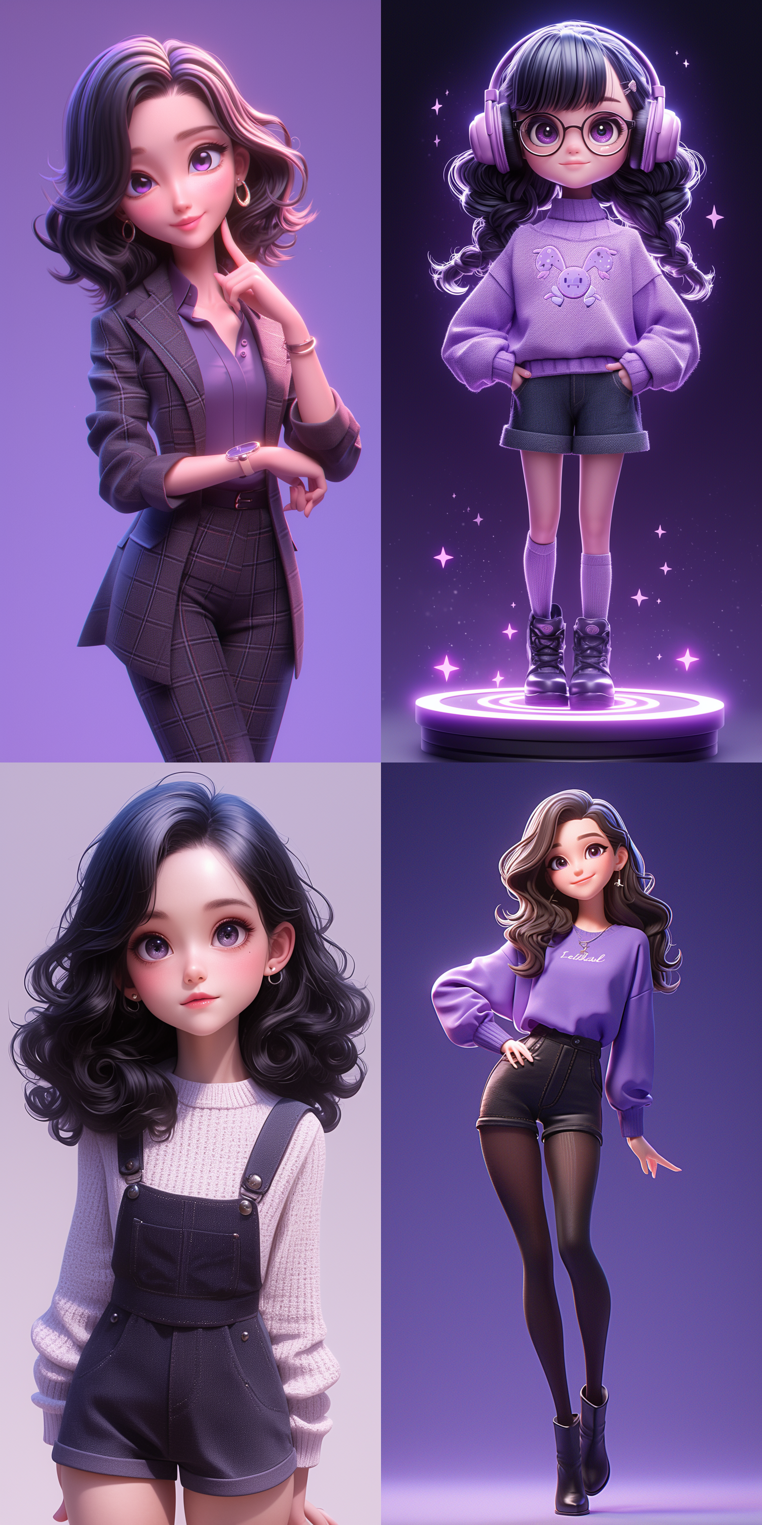 q版人物，一位可爱的的女主播在直播，现代服饰，黑色头发，大大的眼睛，小鼻子，白皙皮肤，卷发，摄影棚内，微笑的表情，可爱的姿势，紫色细节，荔枝果园背景，前视图，电影照明，明暗对比，super cute girl ip pop mart blind box，3d，c4d，oc渲染，最高质量，8k