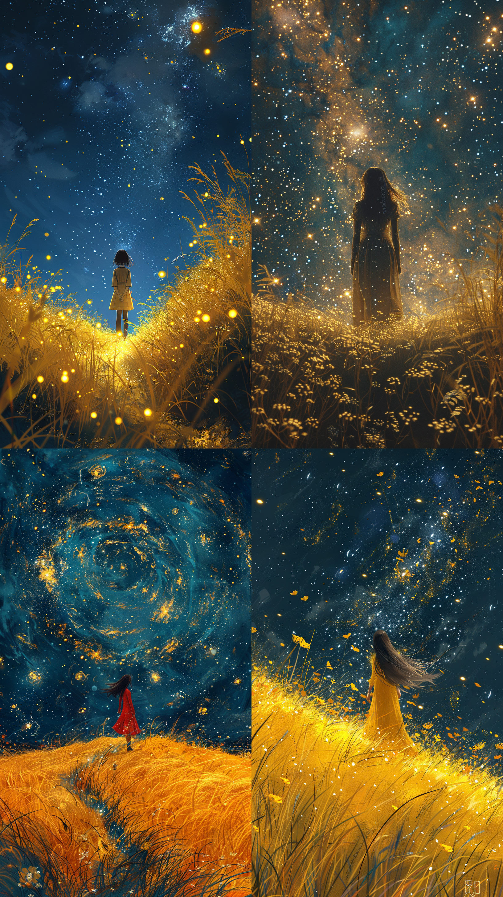 the girl stood on the yellow slope, gazing at the twinkling stars. the wind was strong, and she had to grab her hair. this is a colored pencil style with simple lines, crayon texture, high clarity, soft tones, and dreamy details. it reminds people of van gogh's starry night. 3d rendering, niji 6