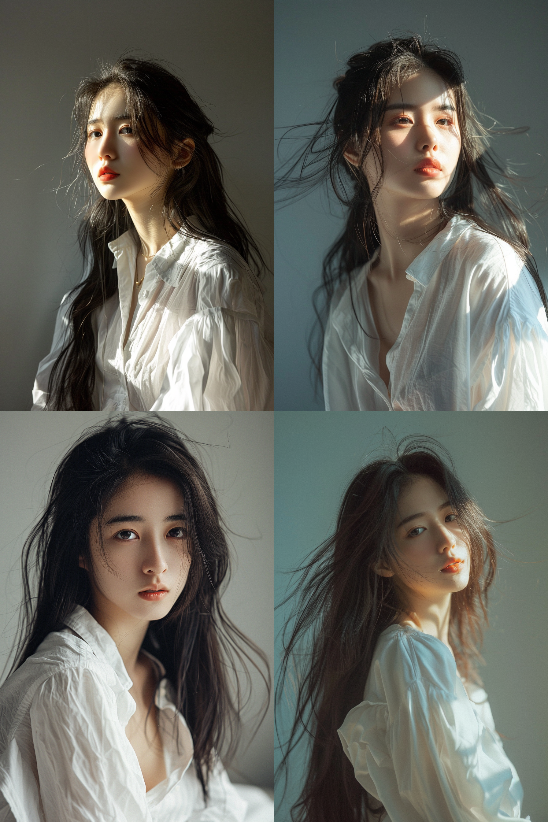 beautiful asian girl, 21 years old, like liu yifei, very beautiful, wearing a loose white shirt, black long hair, cover model, indoor shooting, side lighting, cover photography, 16k