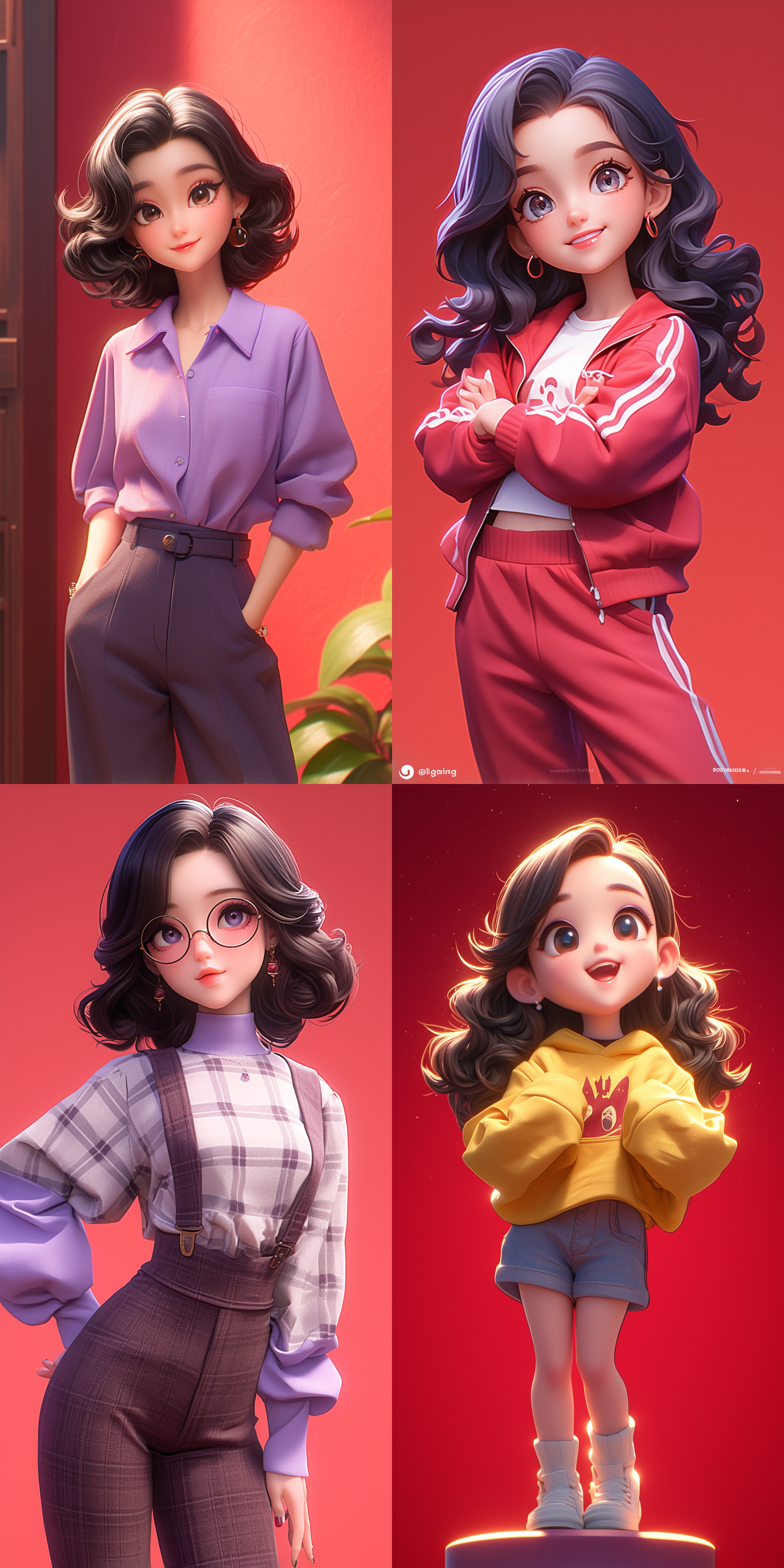 q版人物，一位可爱的的女主播在直播，现代服饰，黑色头发，大大的眼睛，小鼻子，白皙皮肤，卷发，摄影棚内，微笑的表情，可爱的姿势，紫色细节，红色果园背景，前视图，电影照明，明暗对比，super cute girl ip pop mart blind box，3d，c4d，oc渲染，最高质量，8k