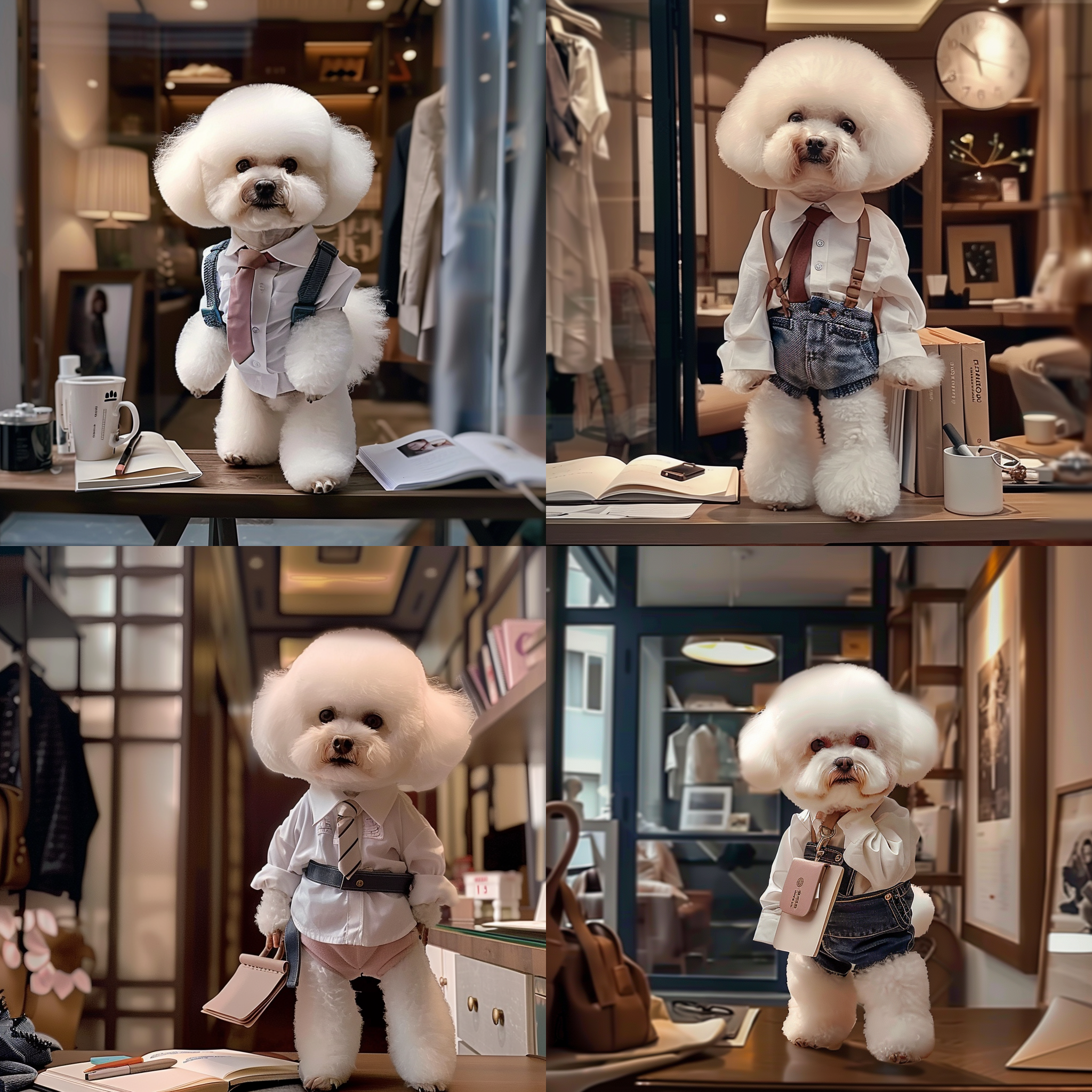 可爱比熊狗在办公室，拟人化逼真，白衬衫，领带，西装裤，手持笔本，轻松表情，站立姿态，写字台上，明亮色调，正面光，中焦镜头，写作动作，温馨。