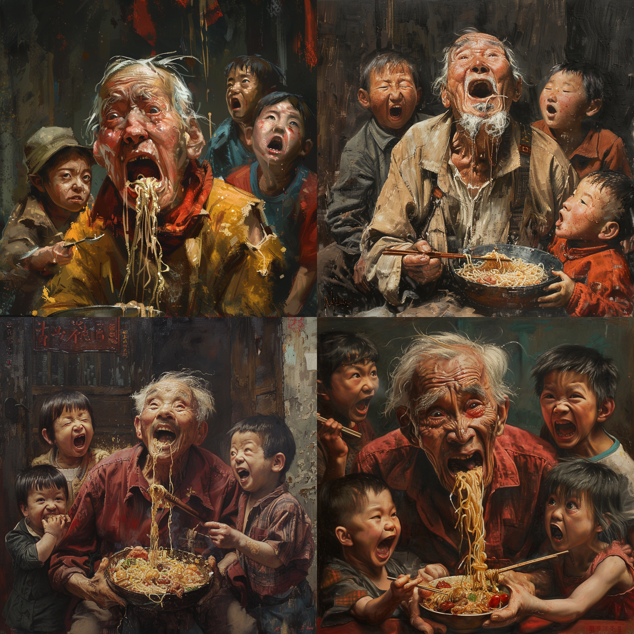 一个老头嘴张的很大，在吃面，旁边站着几个小孩，流哈喇子