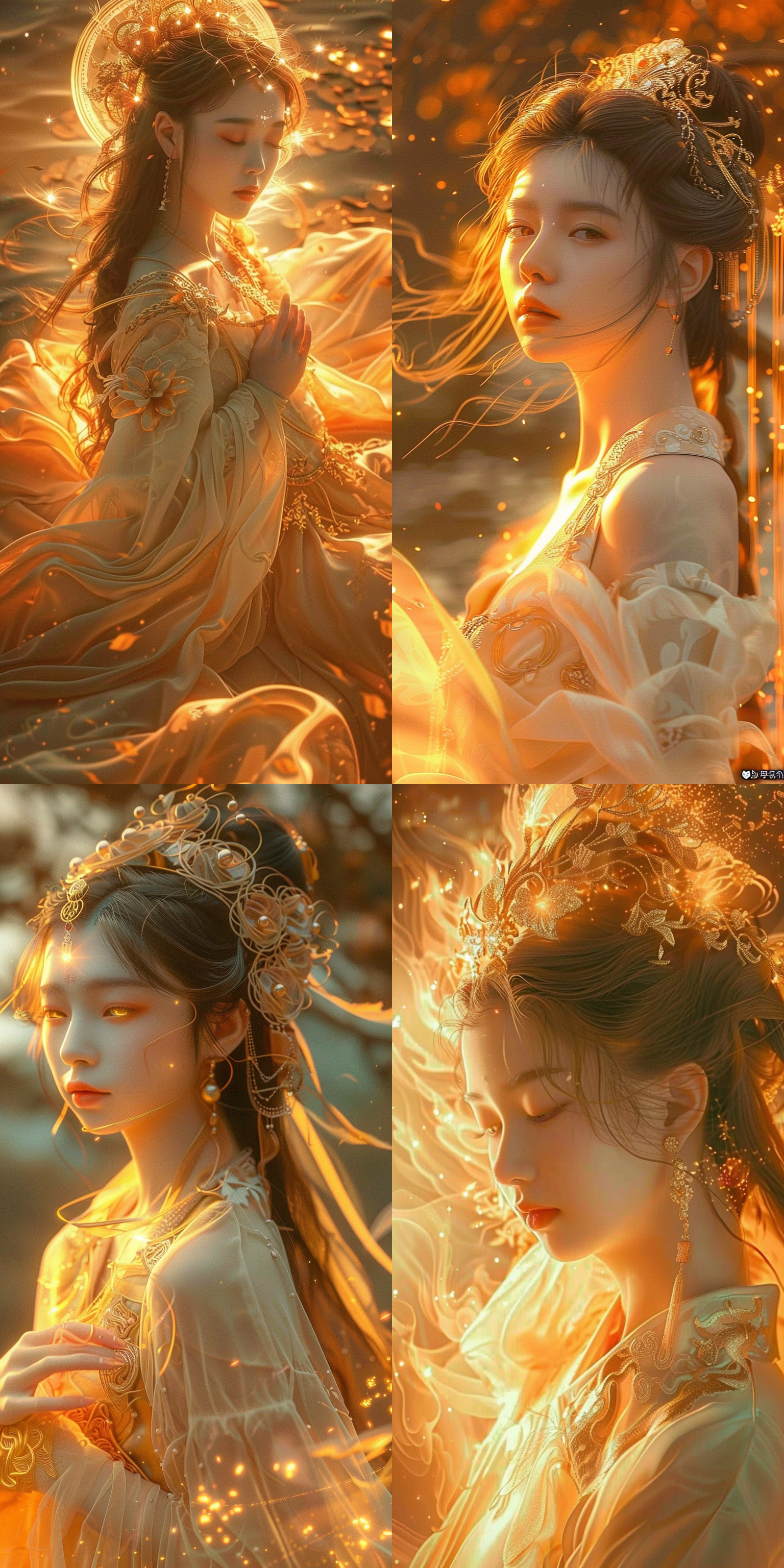 中国女神，光明女神，神圣光环，威严，面部细节，脸部光影，高质量幻想照片，中国神话，仙子，金色火焰调色板，精美头饰，光学艺术，美学，逆光，汉服，精致透明荷花编织着光，火焰荷花，金色火焰燃烧在衣物上，细节，极端写实，火焰和燃烧云彩背景，景观：全景，奢华，宁静，优雅，星星四溅，流动的火焰，光聚集形成的荷花湖，梦幻，美丽，迷人，艺术，8k，超高清，艺术感，自然光，丰富色彩。 多姿势角色 保罗勒尔 丁达尔效应 反射光 光追反射 白昼光 日落渐变 七分身 超广角 充满阳光 油画