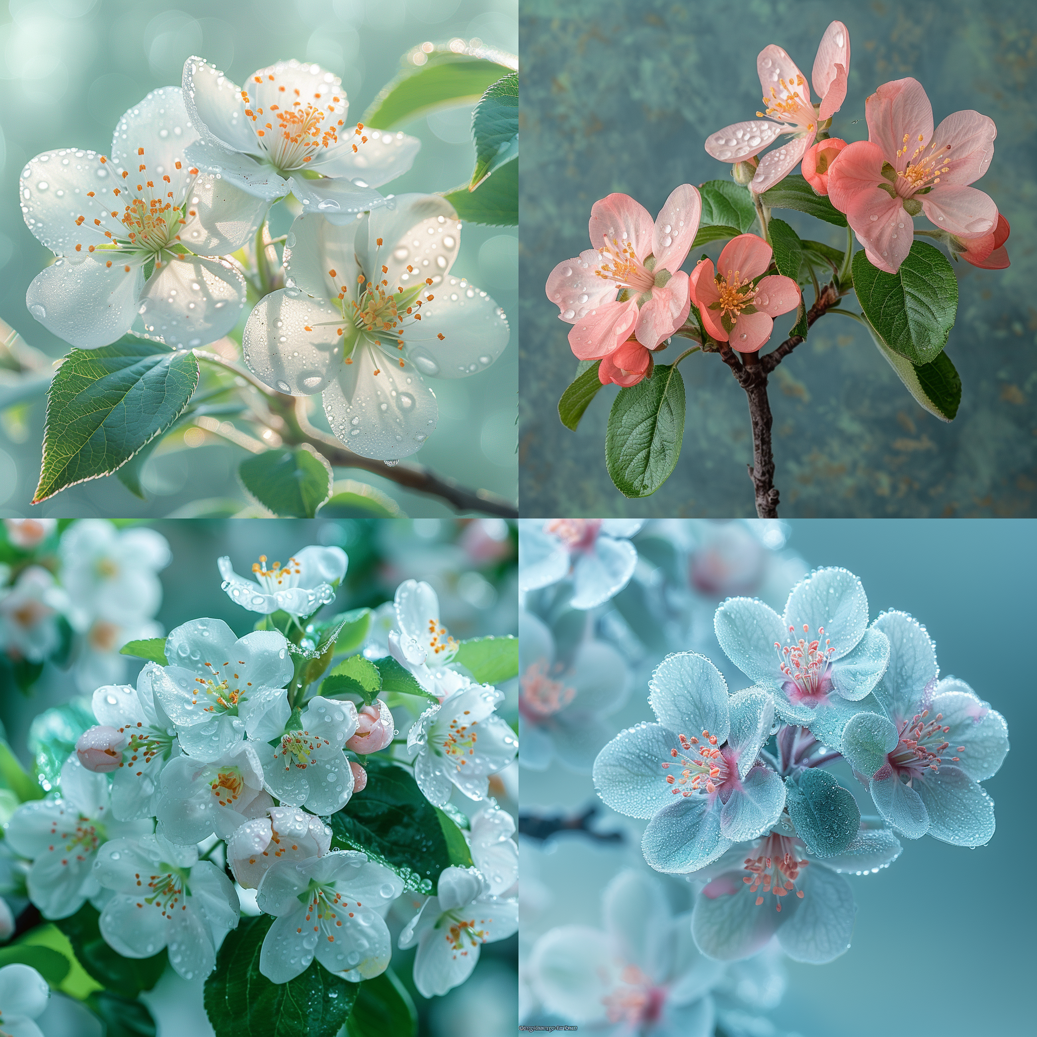 青绿色的中国海棠，薄荷绿叶，透明的花瓣，包裹在海棠果的心脏。花朵上露珠晶莹剔透，阳光折射在绿叶上，朦胧的蓝绿色背景，层次分明，高清。自然光，微距镜头，静态，清新，柔和。