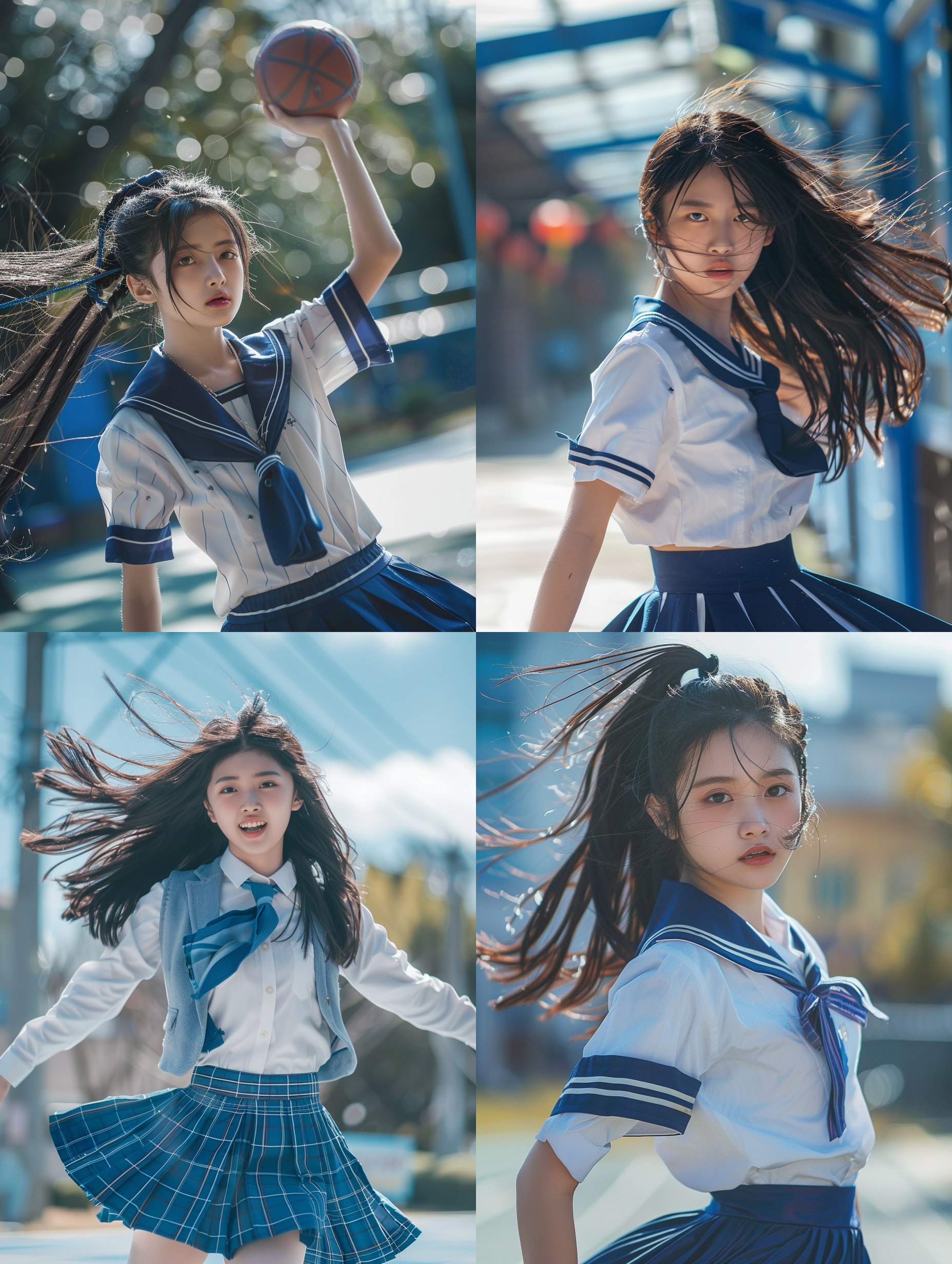 中国女孩，中学生，校服，操场，高速快门，投篮动作，蓝白色调，激情洋溢。