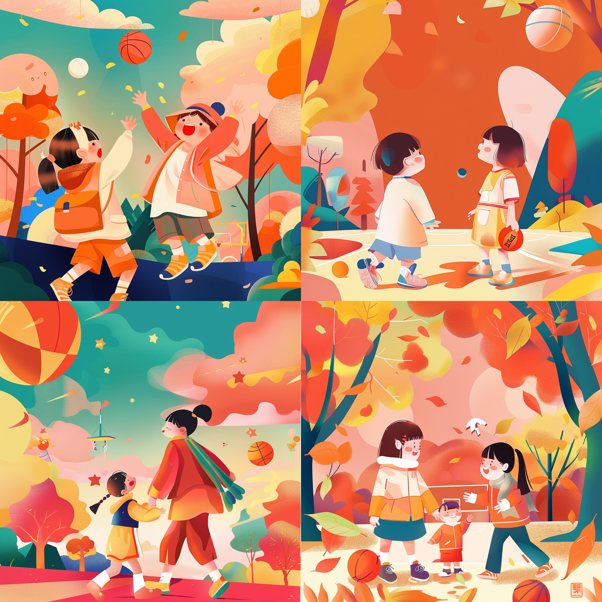 亲子游戏区背景板，儿童，可爱，明亮，矢量风格，简洁，插画风格，篮球