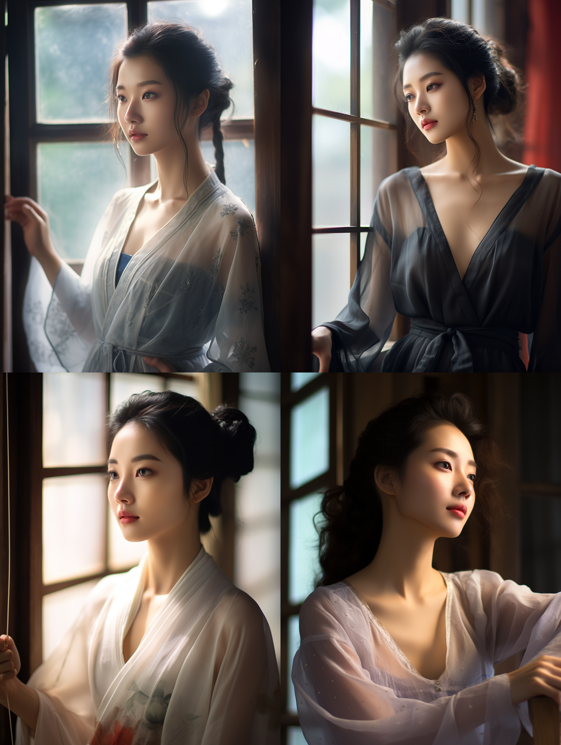 中国女性，杰作，8k,超清细节，自然光线。通过窗户射入的光线柔和且均匀，突出了主体的轮廓和肌肤质感。照片中女士的站位和姿势也非常得体，衣物的飘逸感，模特的身形曲线。虚化的背景，注意力完全集中在女士的身上，强化了主体的视觉冲击力，合适的光圈和焦距，营造了一个清晰而不失温馨的画面氛围。既展现了女士的自然美态，也体现了摄影师对光影和构图的精心把握。