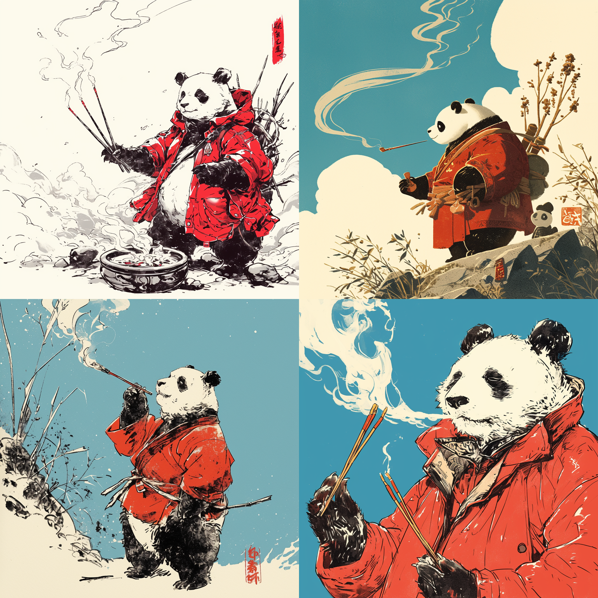 熊猫烧香，身披红色衣服，手握三只香，蓝色天空背景，东方山水画，黑白水墨风格，