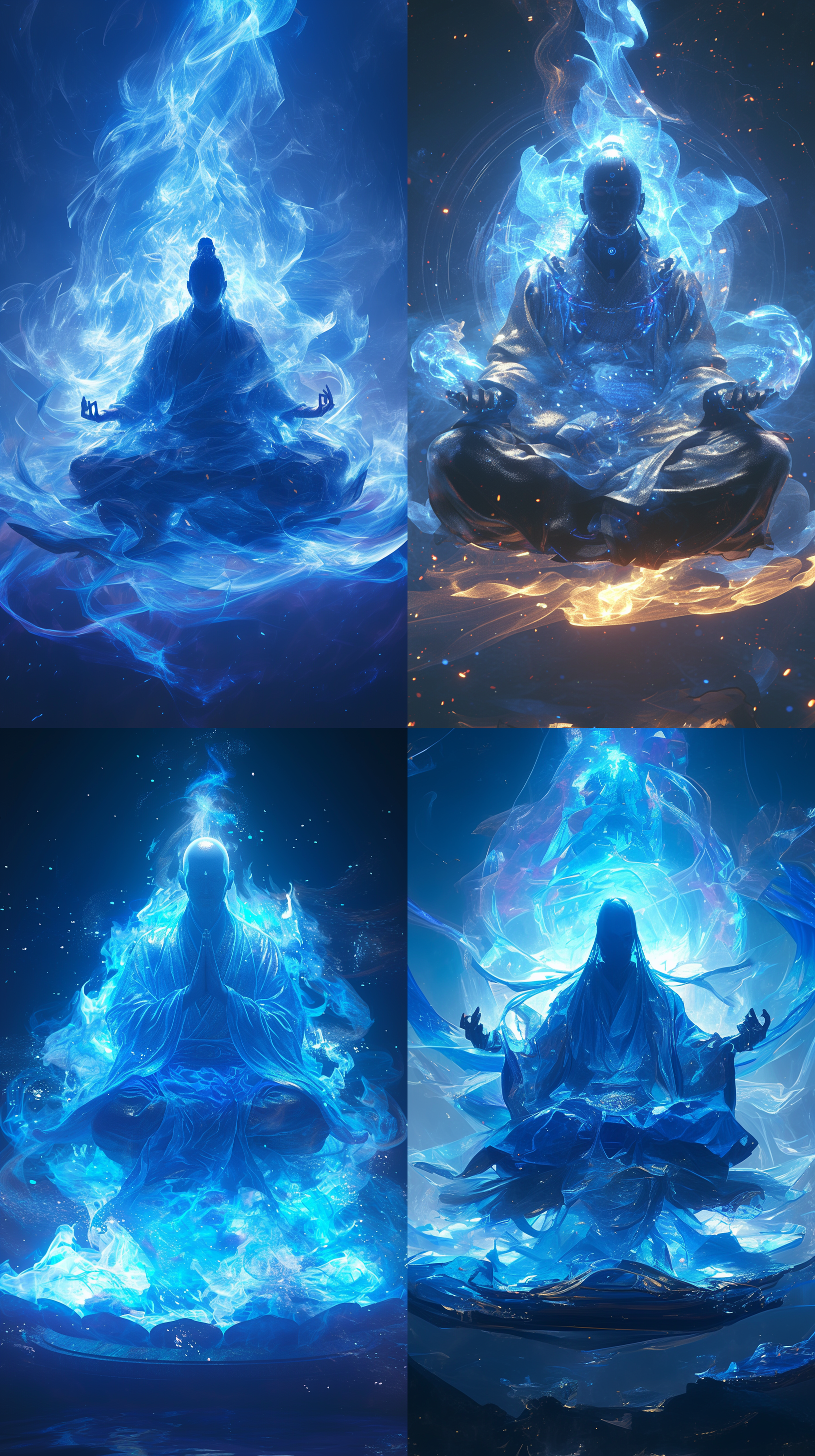 透明的蓝色能量体，中国神仙，身穿道袍，冥想，施法，边缘光强化，周围散发着蓝色的，烟雾般的能量，3d渲染，c4d效果，高清，8k 光绘 长焦拍摄 明亮的 光追反射 虚化 光纤 水晶蓝 道 世外桃源